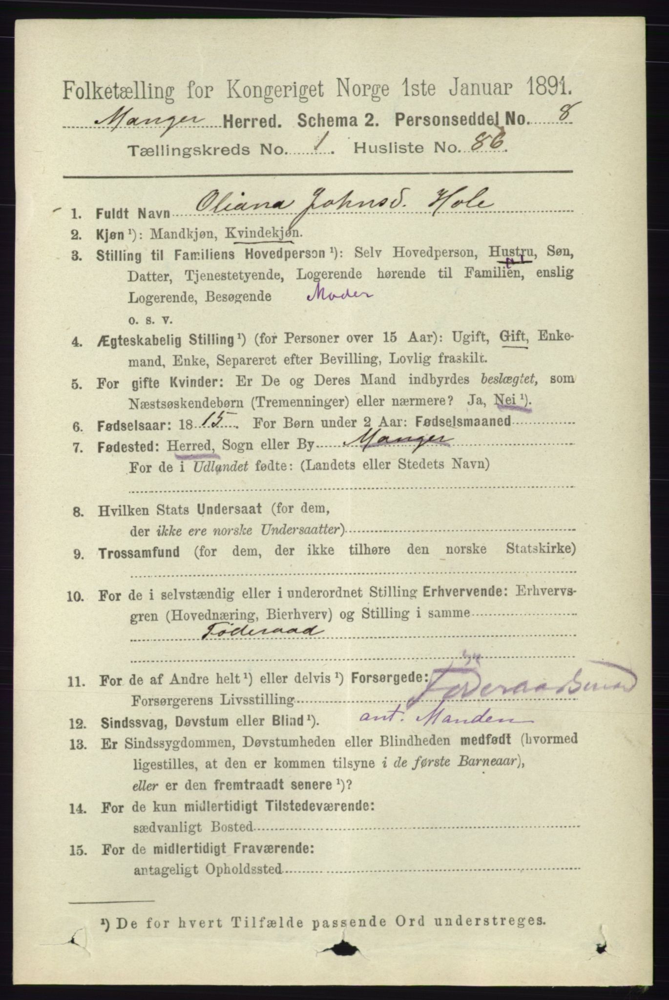 RA, 1891 census for 1261 Manger, 1891, p. 676