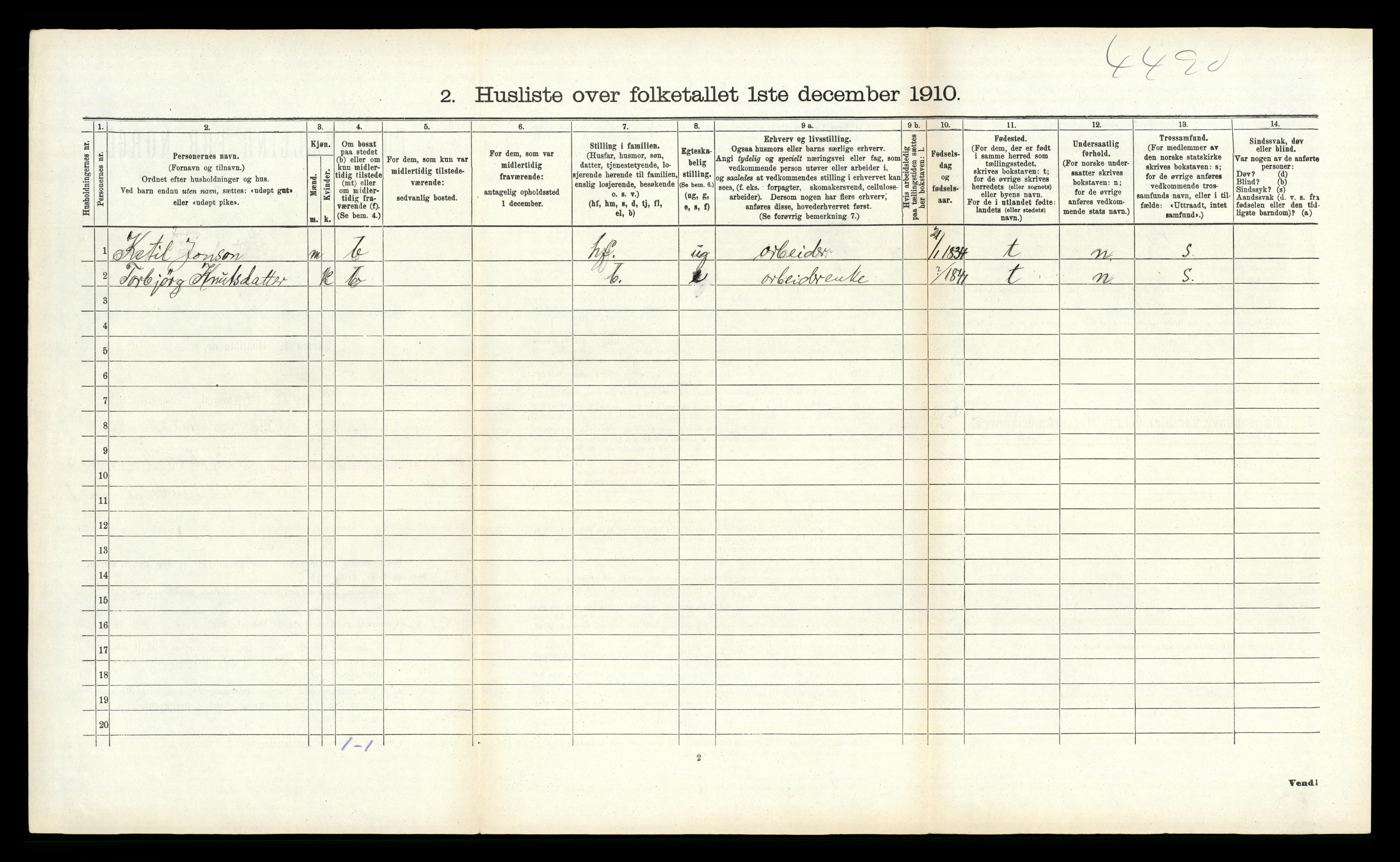 RA, 1910 census for Kviteseid, 1910, p. 437