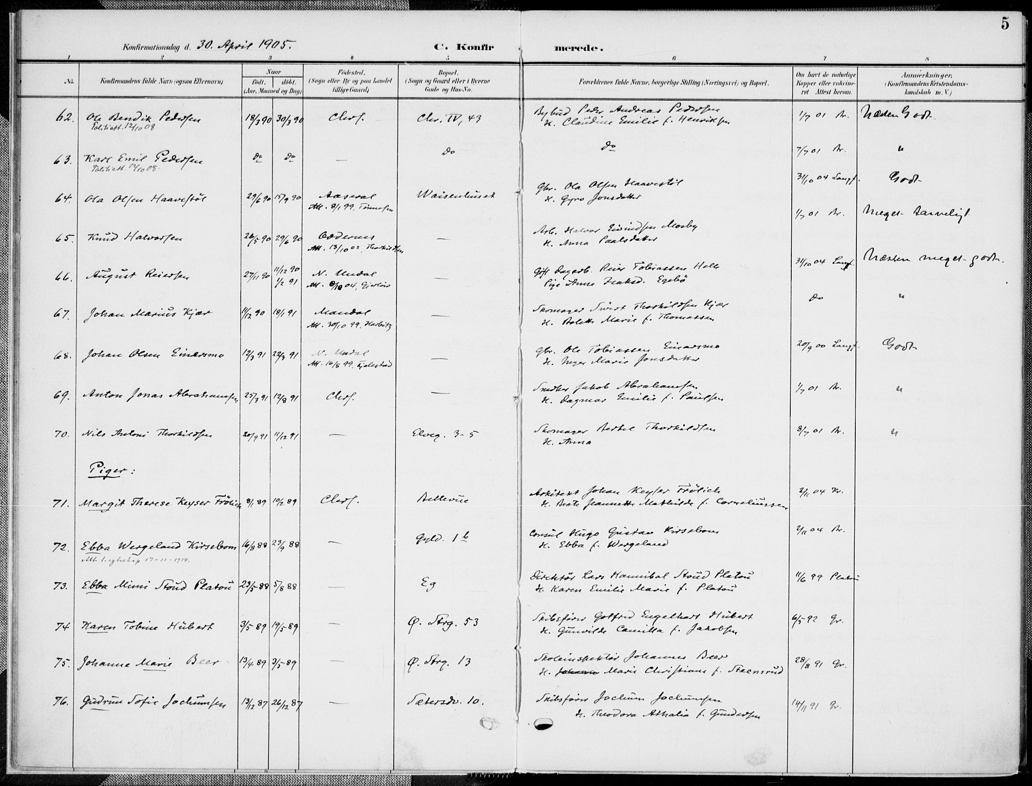 Kristiansand domprosti, SAK/1112-0006/F/Fa/L0022: Parish register (official) no. A 21, 1905-1916, p. 5