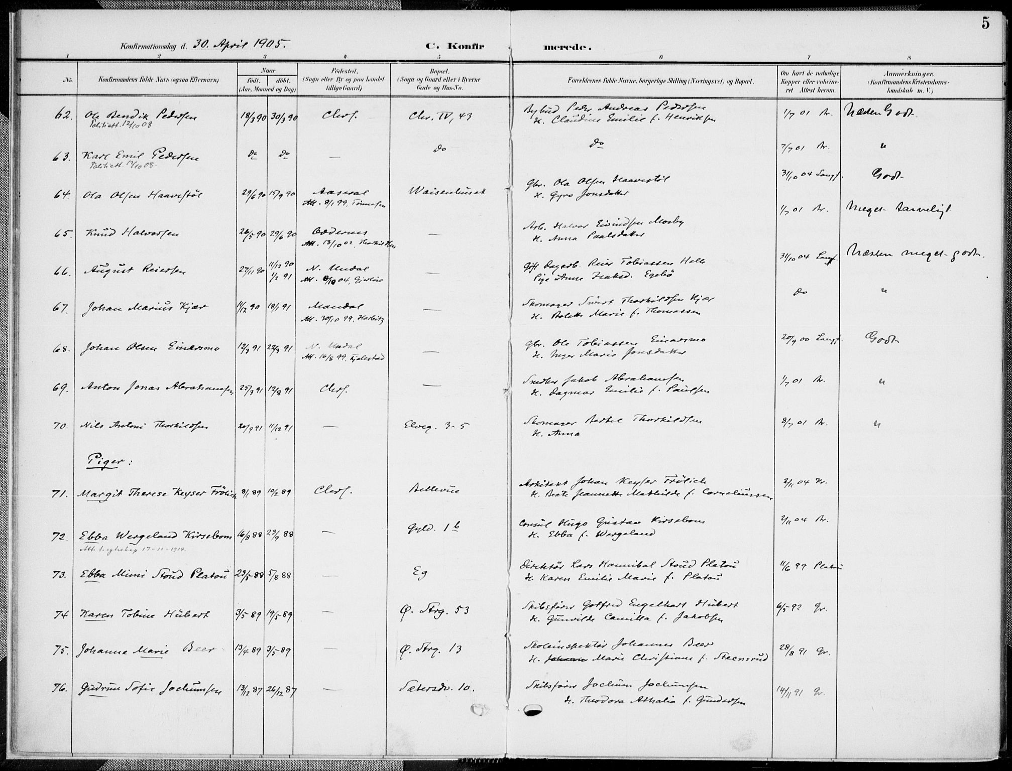 Kristiansand domprosti, AV/SAK-1112-0006/F/Fa/L0022: Parish register (official) no. A 21, 1905-1916, p. 5