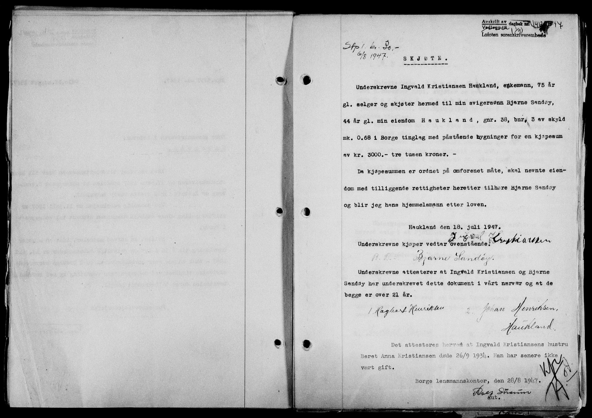 Lofoten sorenskriveri, SAT/A-0017/1/2/2C/L0016a: Mortgage book no. 16a, 1947-1947, Diary no: : 1412/1947