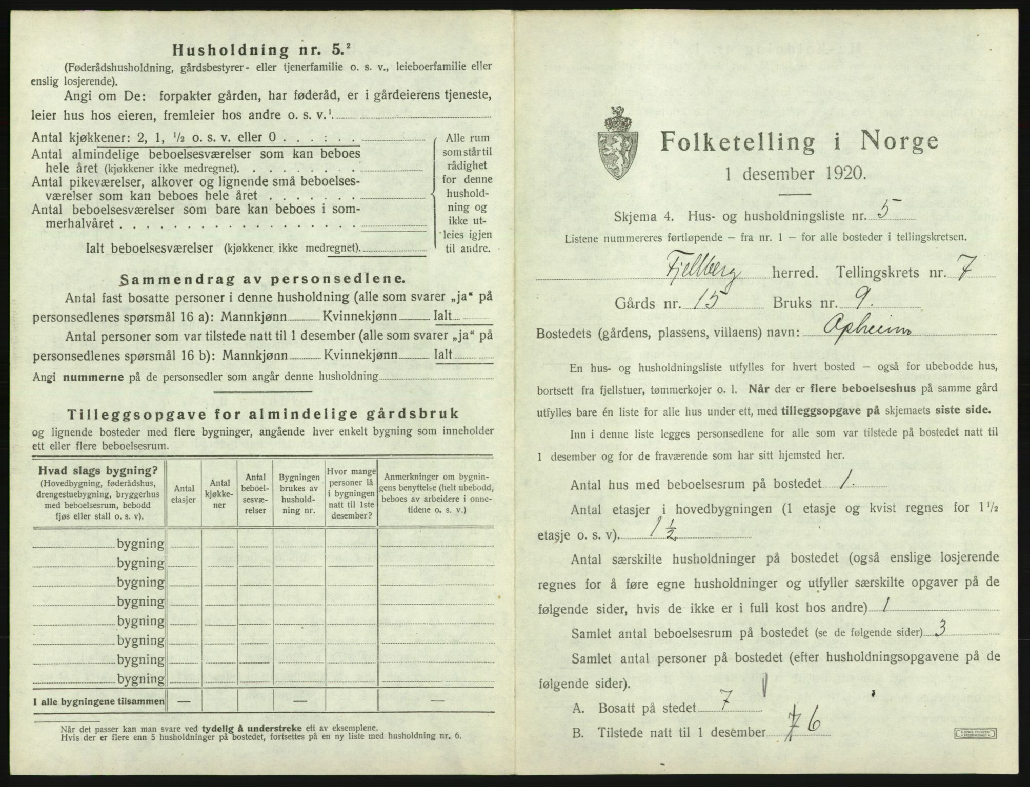 SAB, 1920 census for Fjelberg, 1920, p. 405