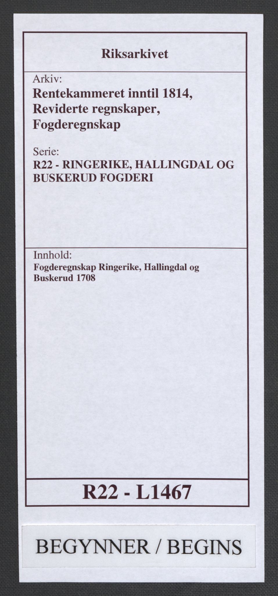 Rentekammeret inntil 1814, Reviderte regnskaper, Fogderegnskap, AV/RA-EA-4092/R22/L1467: Fogderegnskap Ringerike, Hallingdal og Buskerud, 1708, p. 1