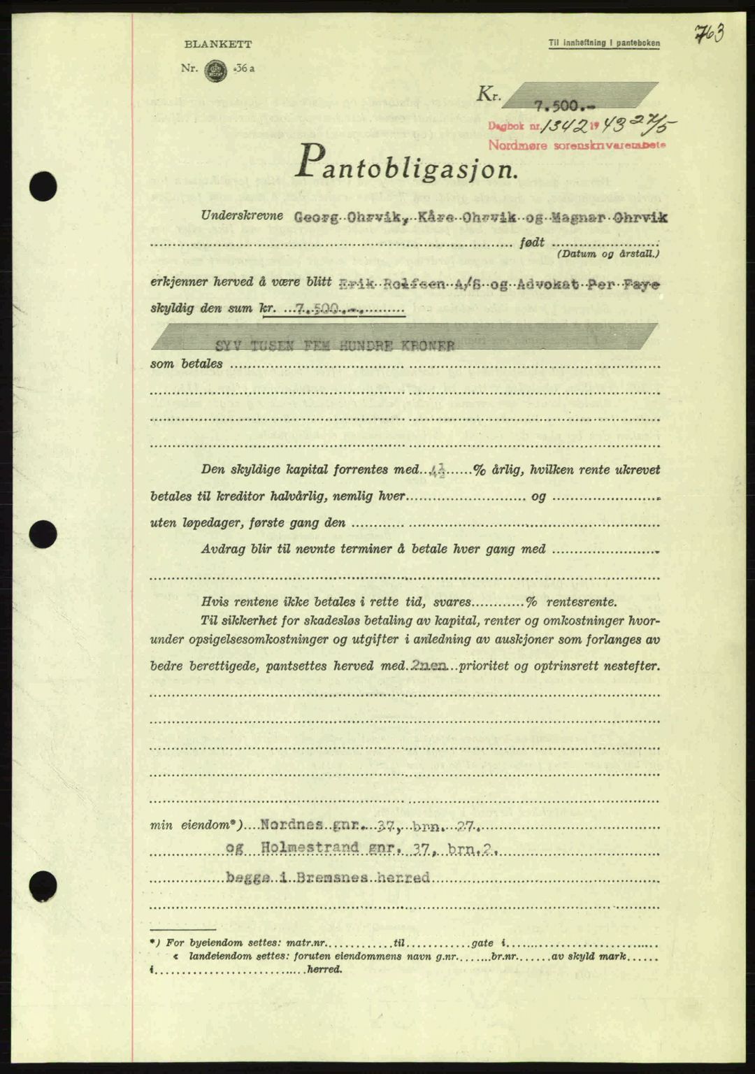 Nordmøre sorenskriveri, AV/SAT-A-4132/1/2/2Ca: Mortgage book no. B90, 1942-1943, Diary no: : 1342/1943