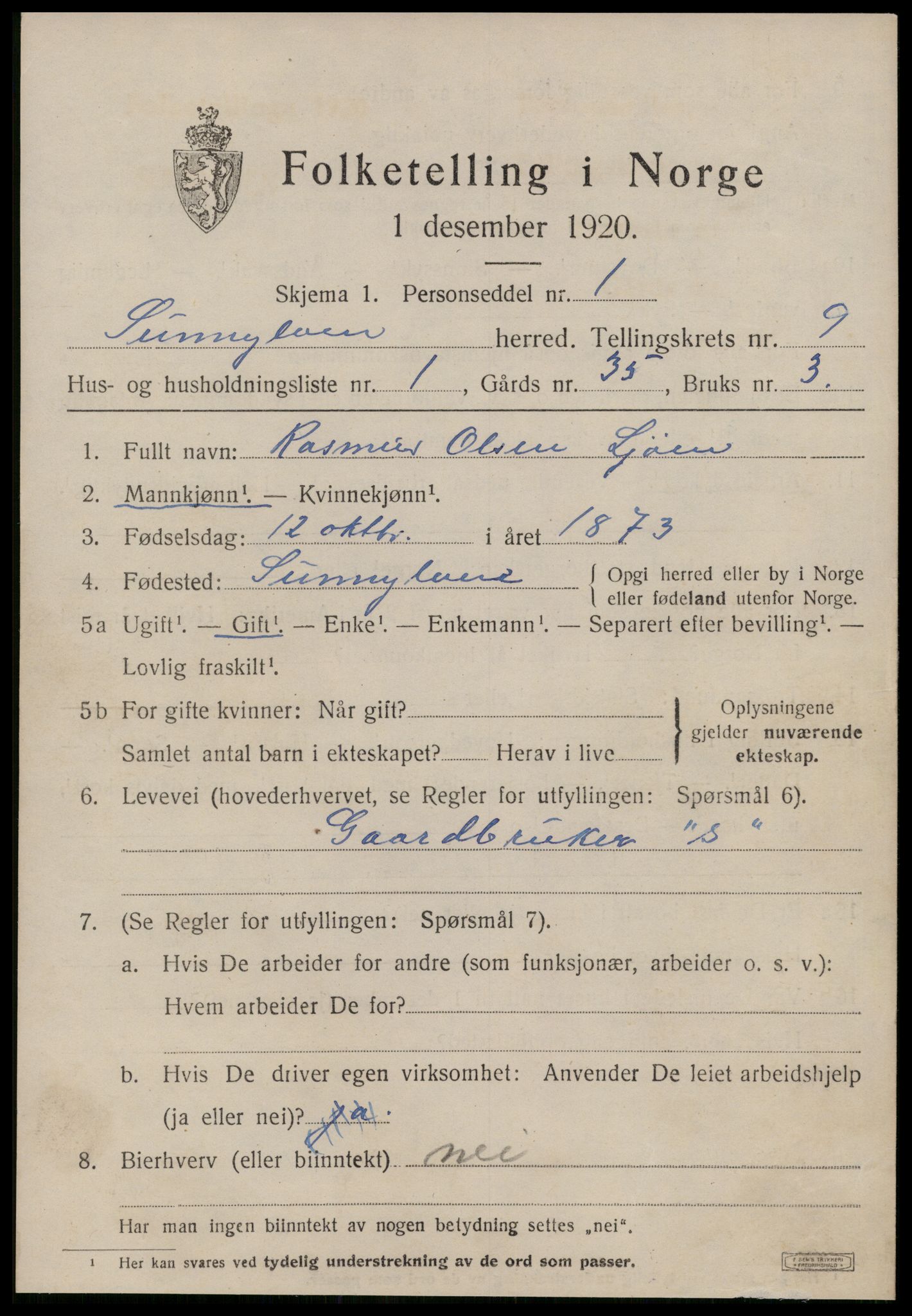 SAT, 1920 census for Sunnylven, 1920, p. 2864