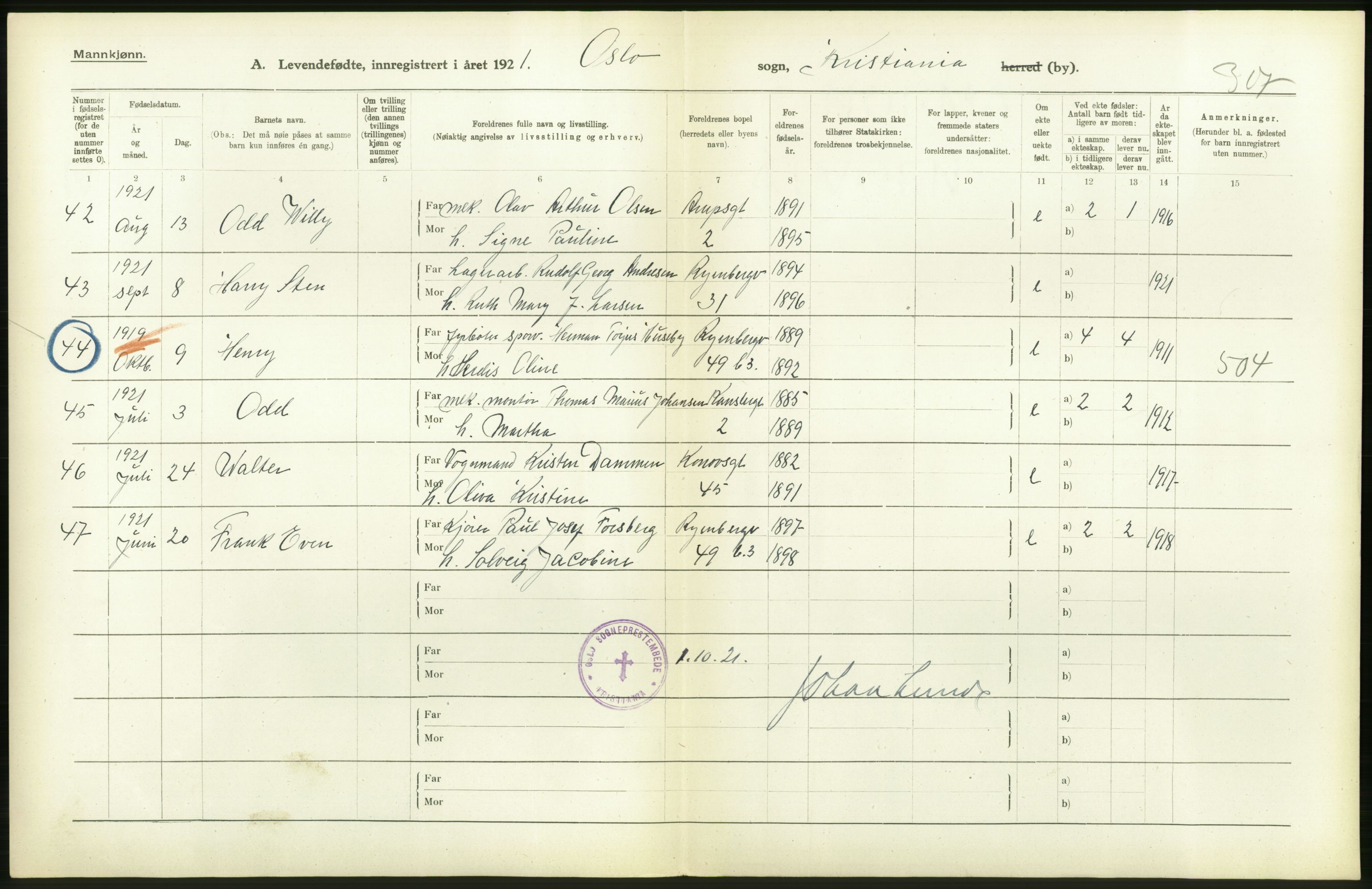 Statistisk sentralbyrå, Sosiodemografiske emner, Befolkning, AV/RA-S-2228/D/Df/Dfc/Dfca/L0009: Kristiania: Levendefødte menn og kvinner., 1921, p. 216