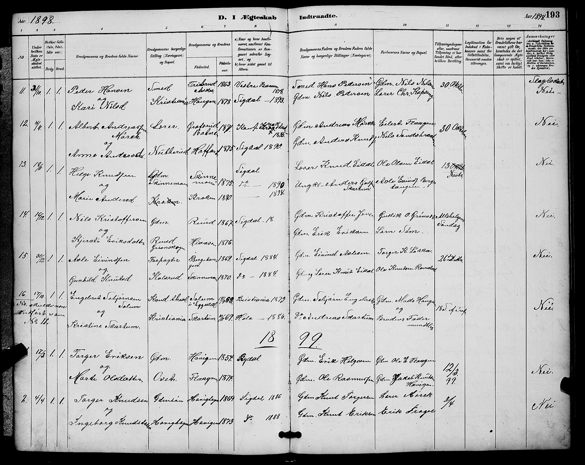 Sigdal kirkebøker, AV/SAKO-A-245/G/Ga/L0005: Parish register (copy) no. I 5, 1886-1900, p. 193