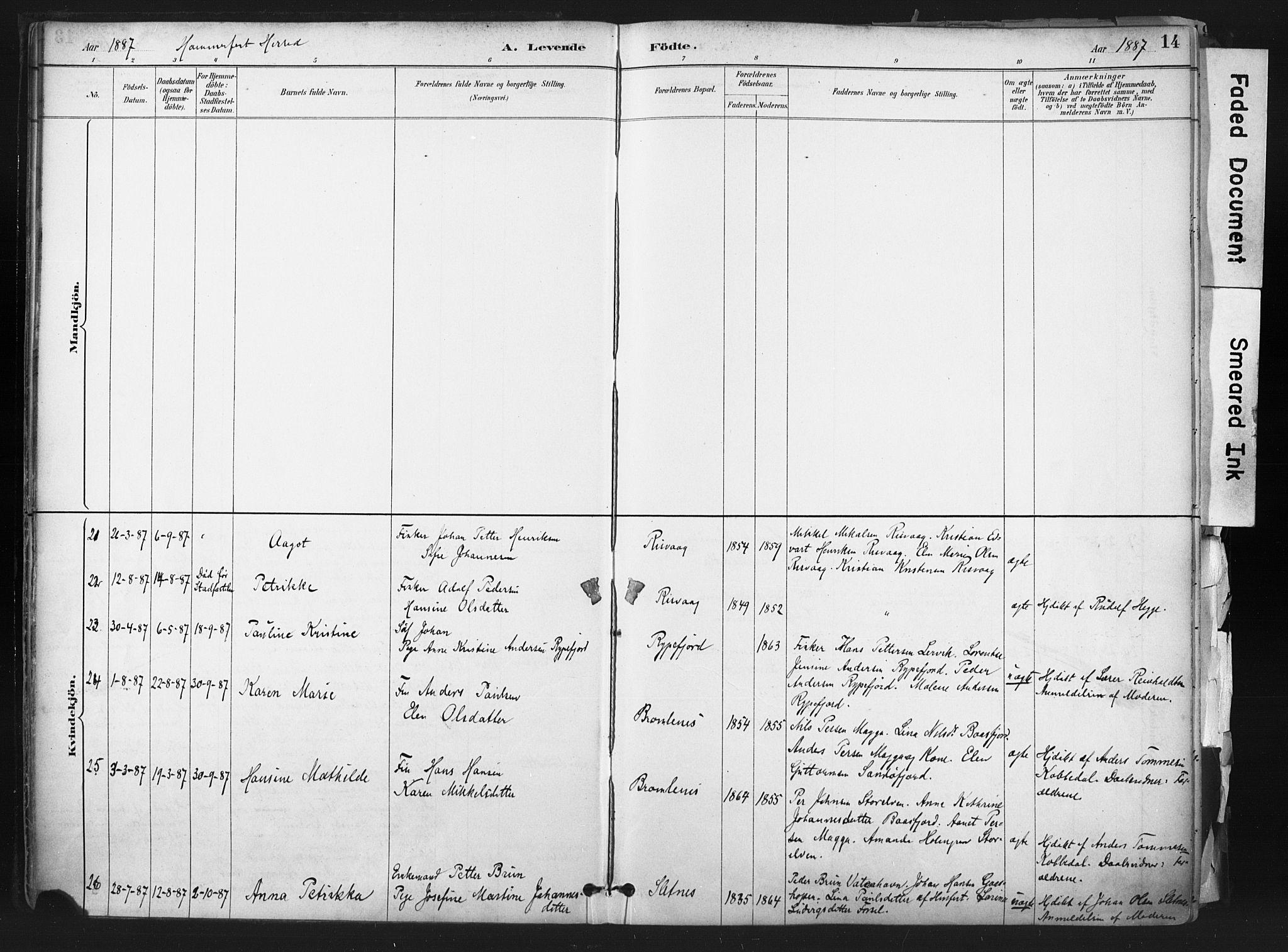 Hammerfest sokneprestkontor, AV/SATØ-S-1347/H/Ha/L0011.kirke: Parish register (official) no. 11 /1, 1885-1897, p. 14