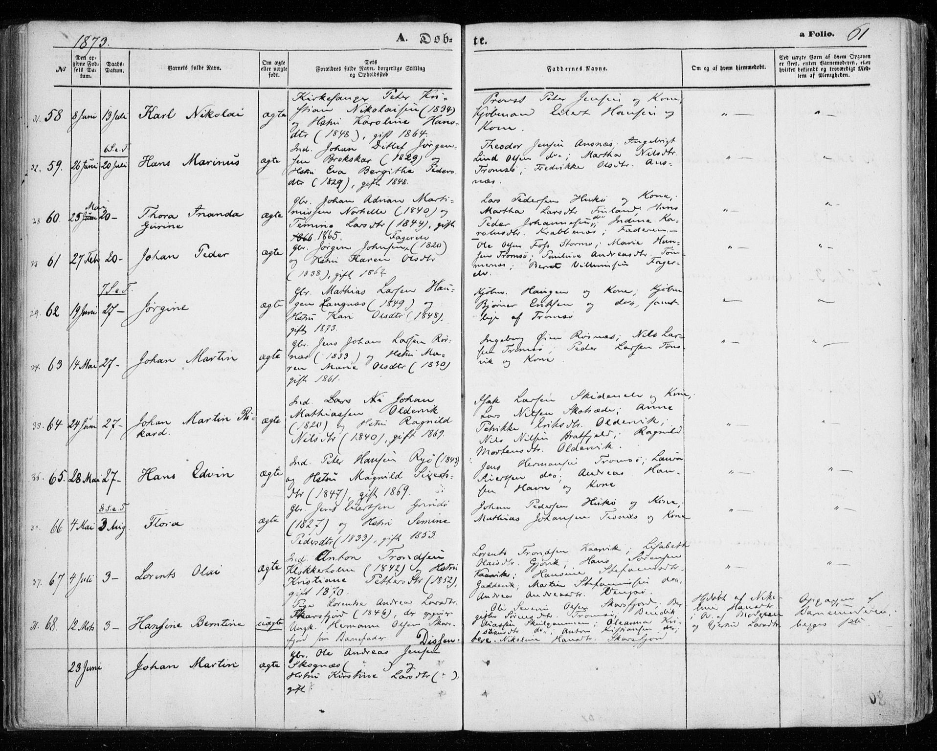 Tromsøysund sokneprestkontor, SATØ/S-1304/G/Ga/L0002kirke: Parish register (official) no. 2, 1867-1875, p. 61