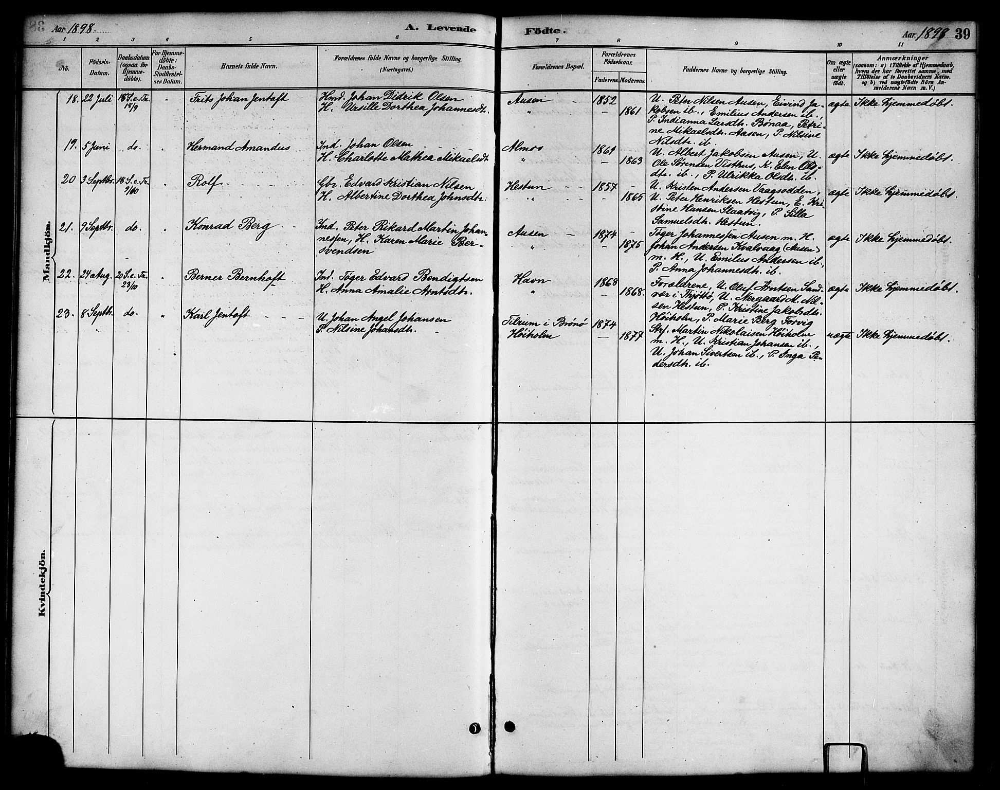 Ministerialprotokoller, klokkerbøker og fødselsregistre - Nordland, AV/SAT-A-1459/819/L0277: Parish register (copy) no. 819C03, 1888-1917, p. 39