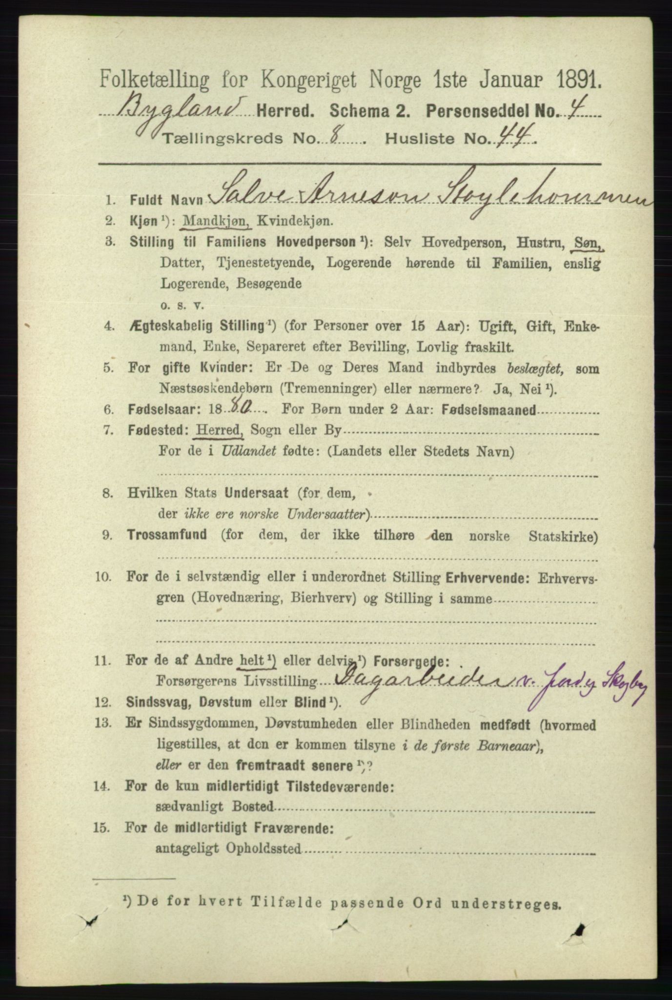 RA, 1891 census for 0938 Bygland, 1891, p. 2188