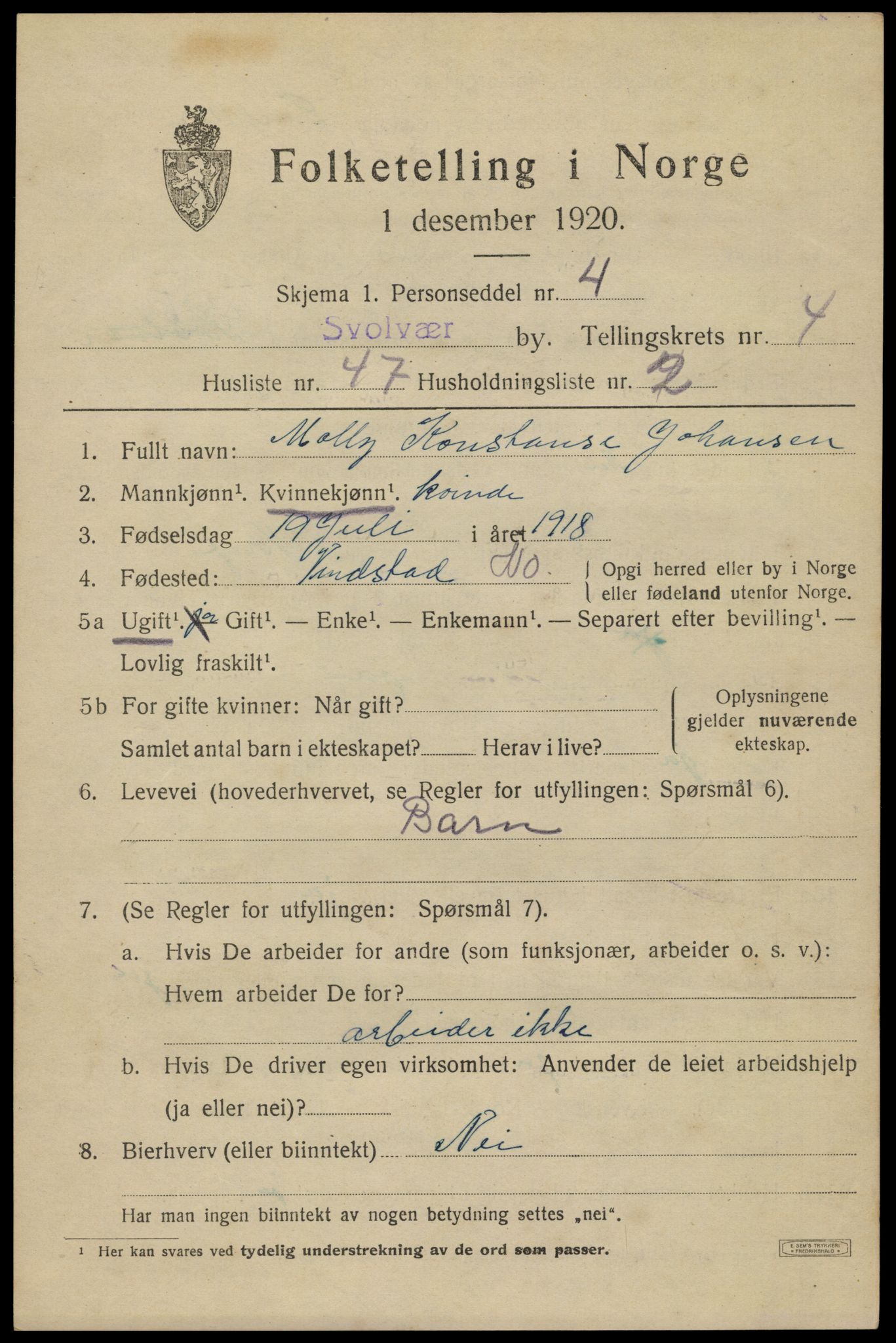 SAT, 1920 census for Svolvær, 1920, p. 6416