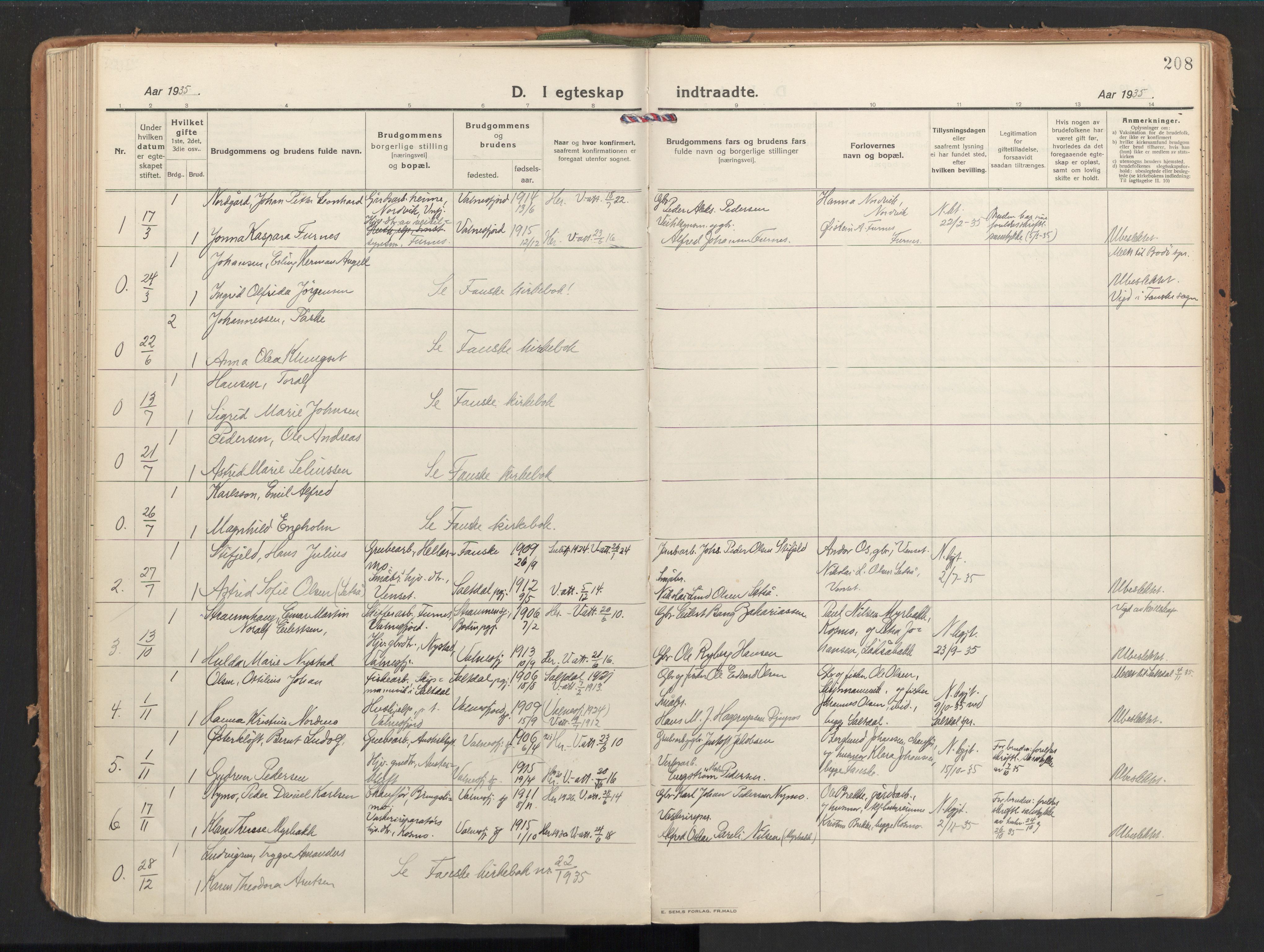 Ministerialprotokoller, klokkerbøker og fødselsregistre - Nordland, SAT/A-1459/851/L0725: Parish register (official) no. 851A02, 1922-1944, p. 208