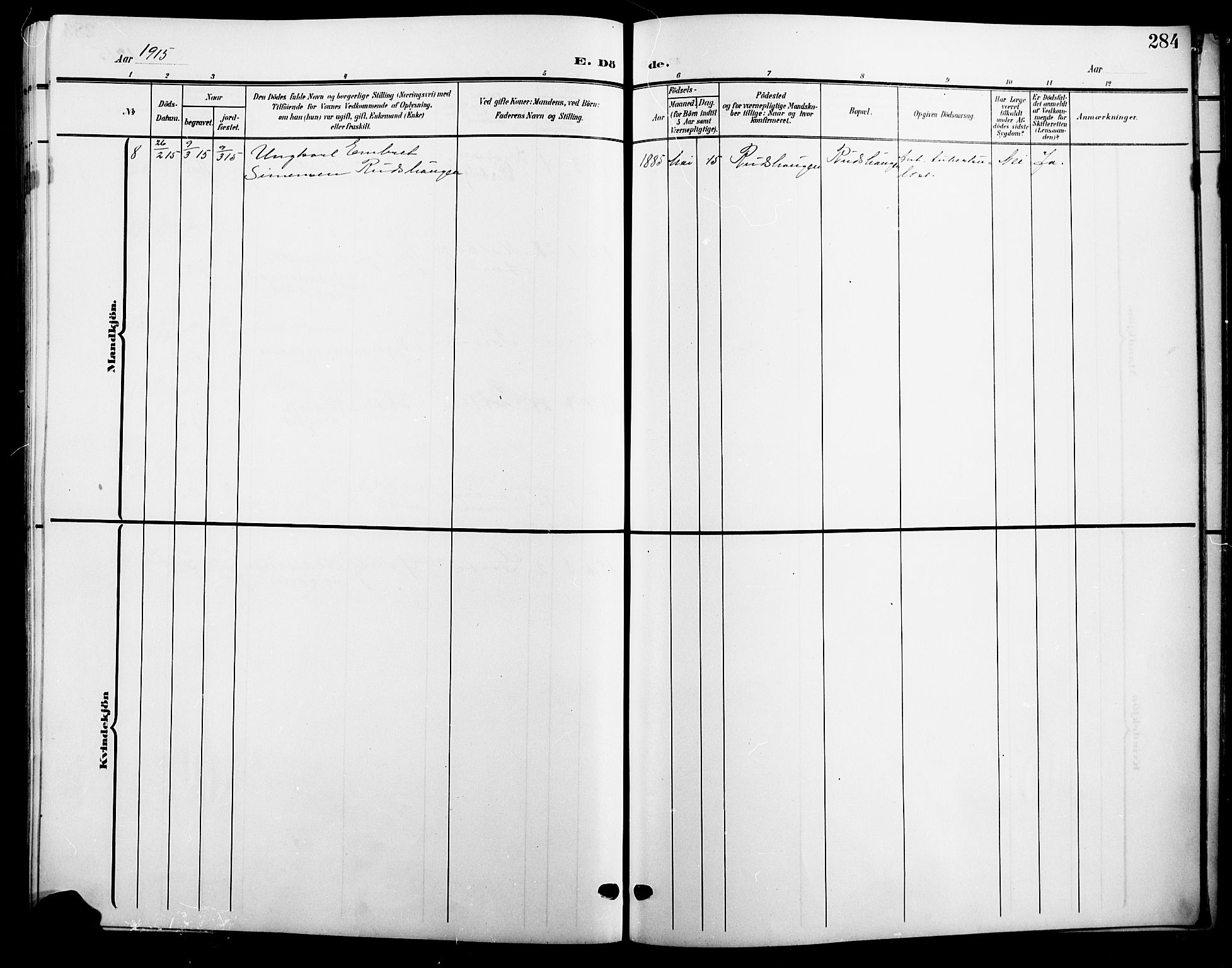 Våler prestekontor, Hedmark, AV/SAH-PREST-040/H/Ha/Hab/L0002: Parish register (copy) no. 2, 1905-1915, p. 284