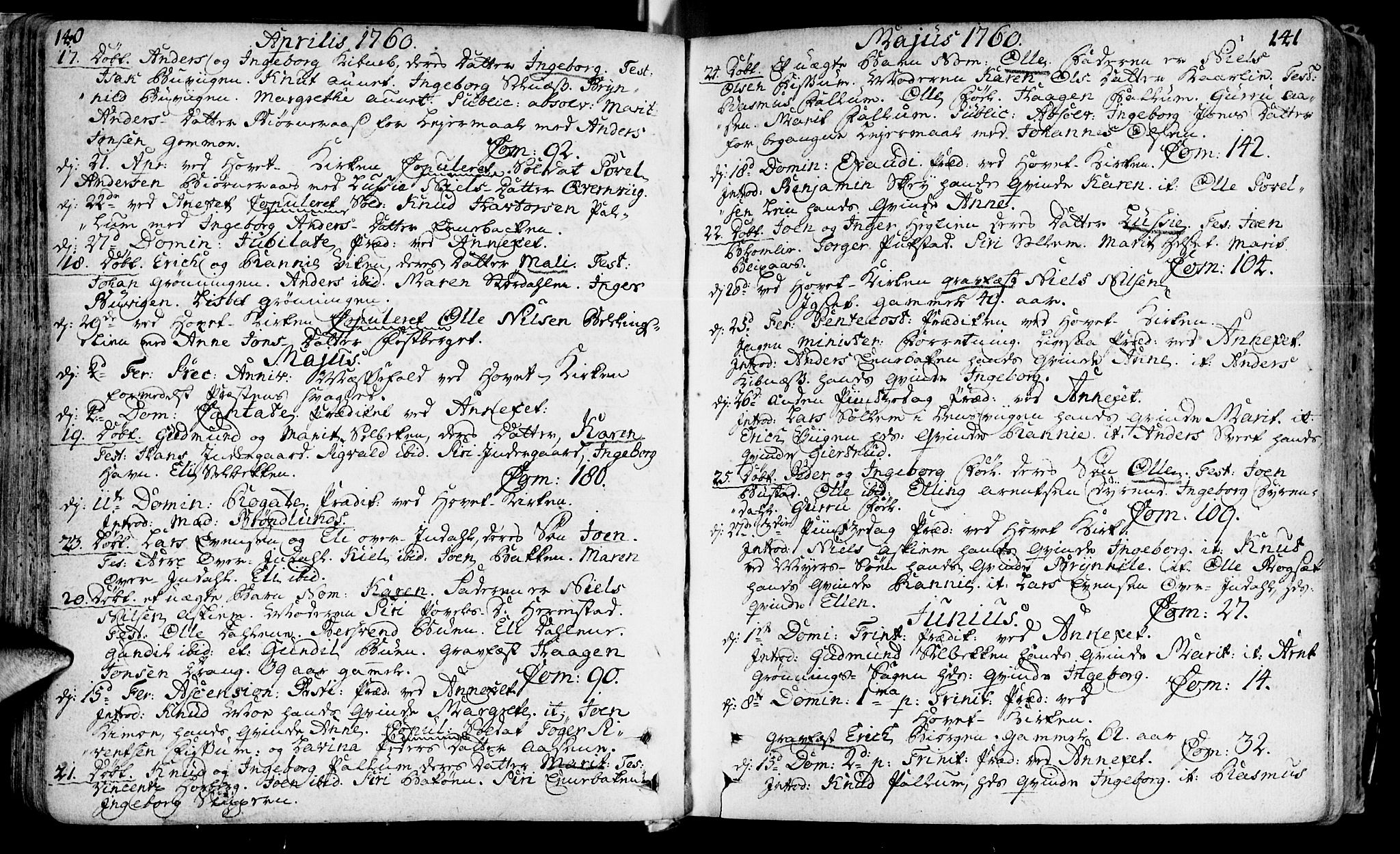 Ministerialprotokoller, klokkerbøker og fødselsregistre - Sør-Trøndelag, SAT/A-1456/646/L0605: Parish register (official) no. 646A03, 1751-1790, p. 140-141