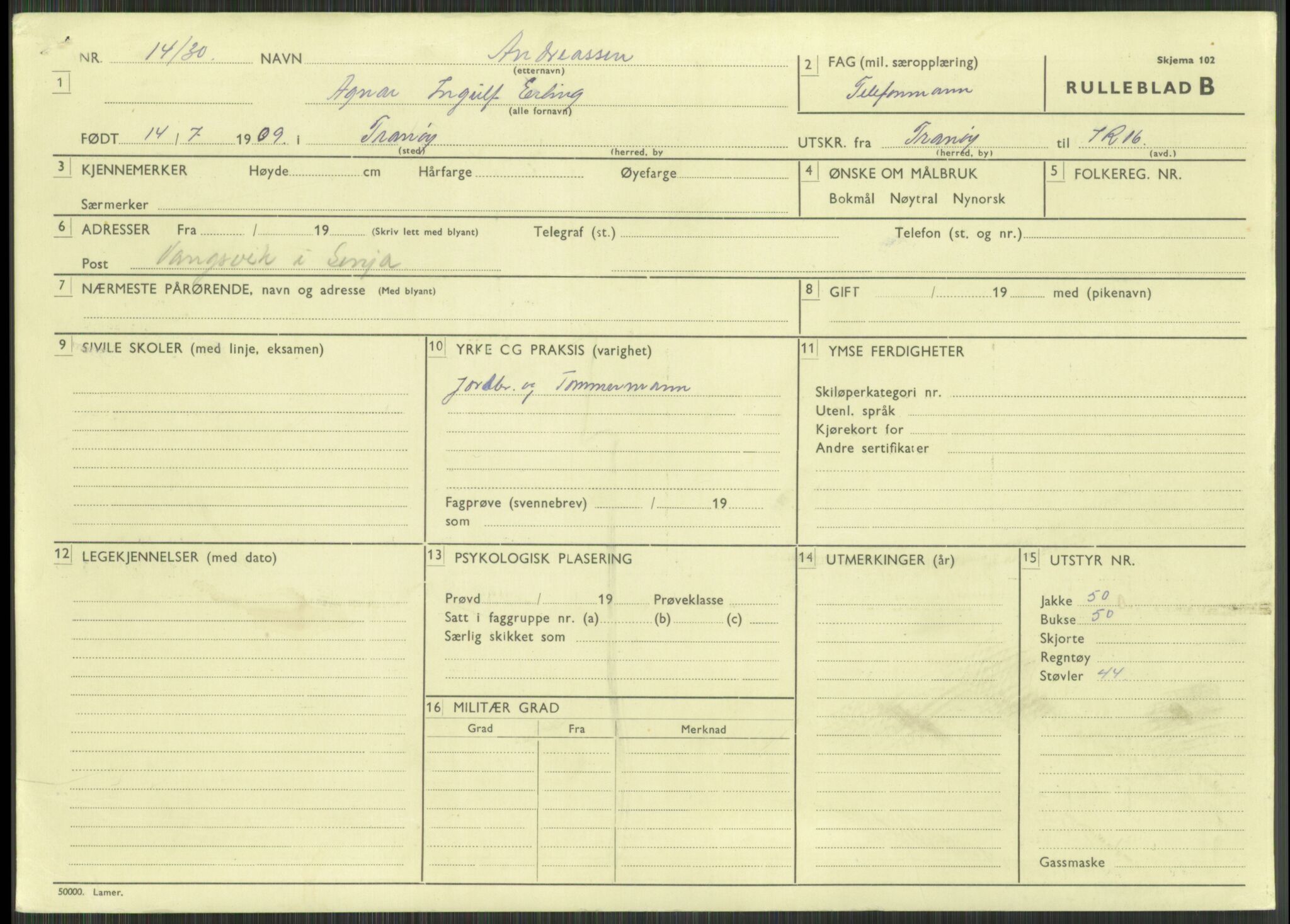 Forsvaret, Troms infanteriregiment nr. 16, AV/RA-RAFA-3146/P/Pa/L0014: Rulleblad for regimentets menige mannskaper, årsklasse 1930, 1930, p. 15