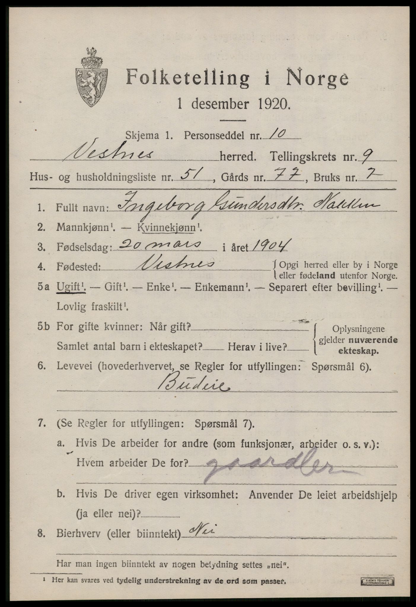 SAT, 1920 census for Vestnes, 1920, p. 6475