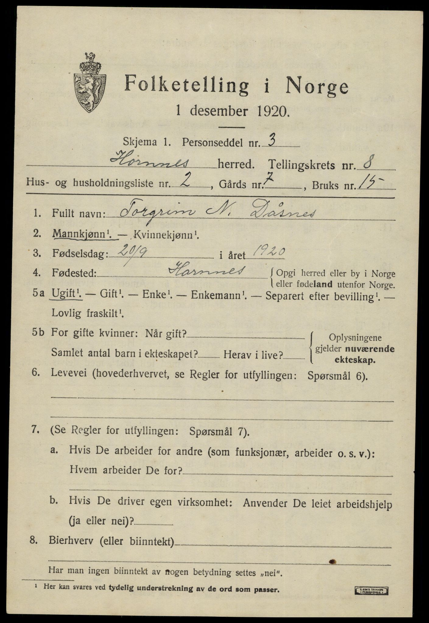 SAK, 1920 census for Hornnes, 1920, p. 1791