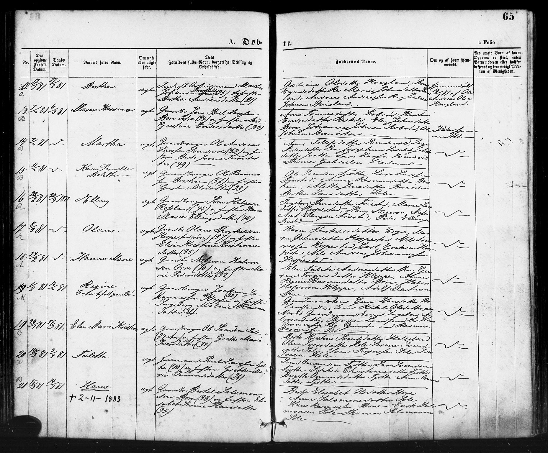 Klepp sokneprestkontor, AV/SAST-A-101803/001/3/30BA/L0006: Parish register (official) no. A 6, 1871-1885, p. 65