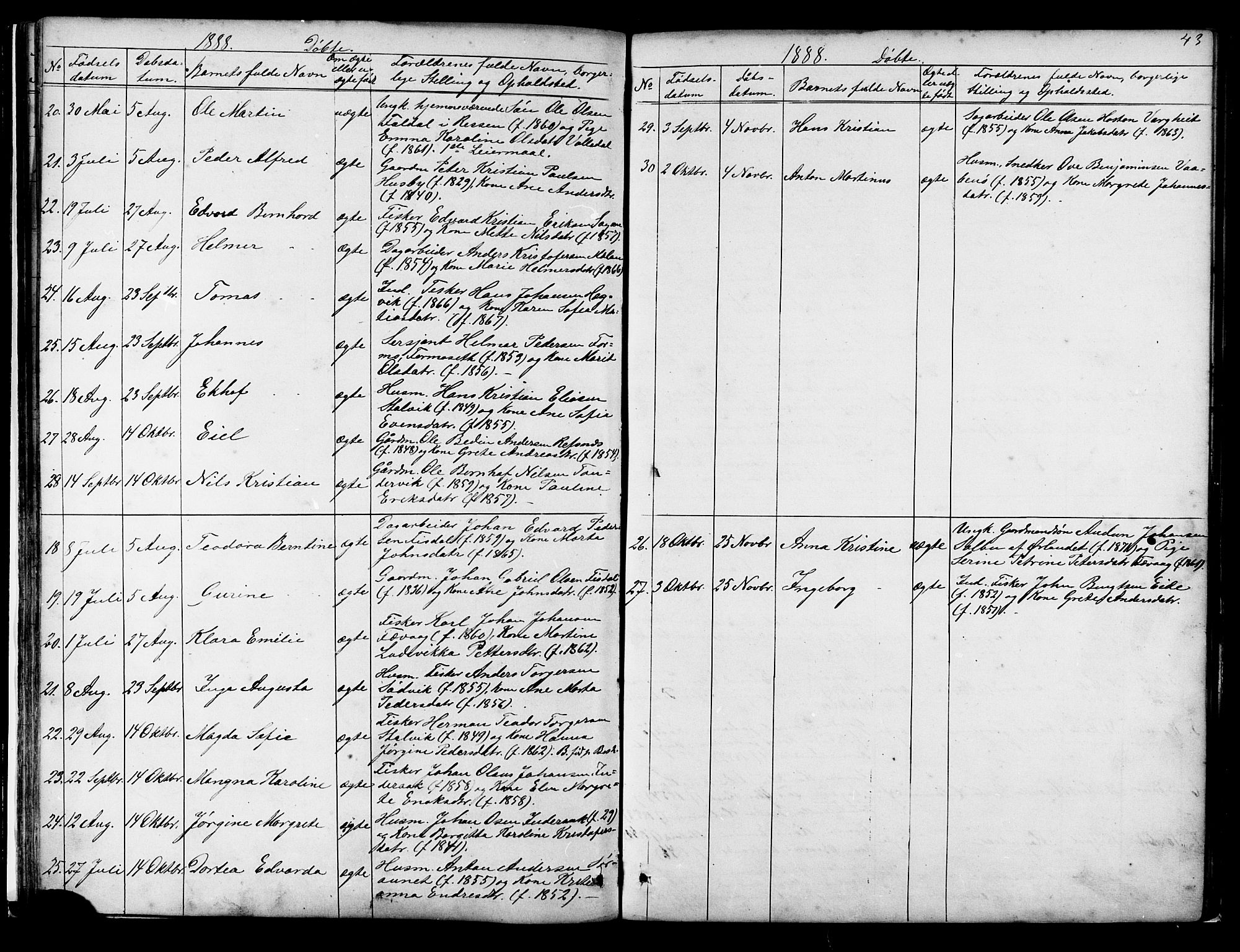 Ministerialprotokoller, klokkerbøker og fødselsregistre - Sør-Trøndelag, SAT/A-1456/653/L0657: Parish register (copy) no. 653C01, 1866-1893, p. 43