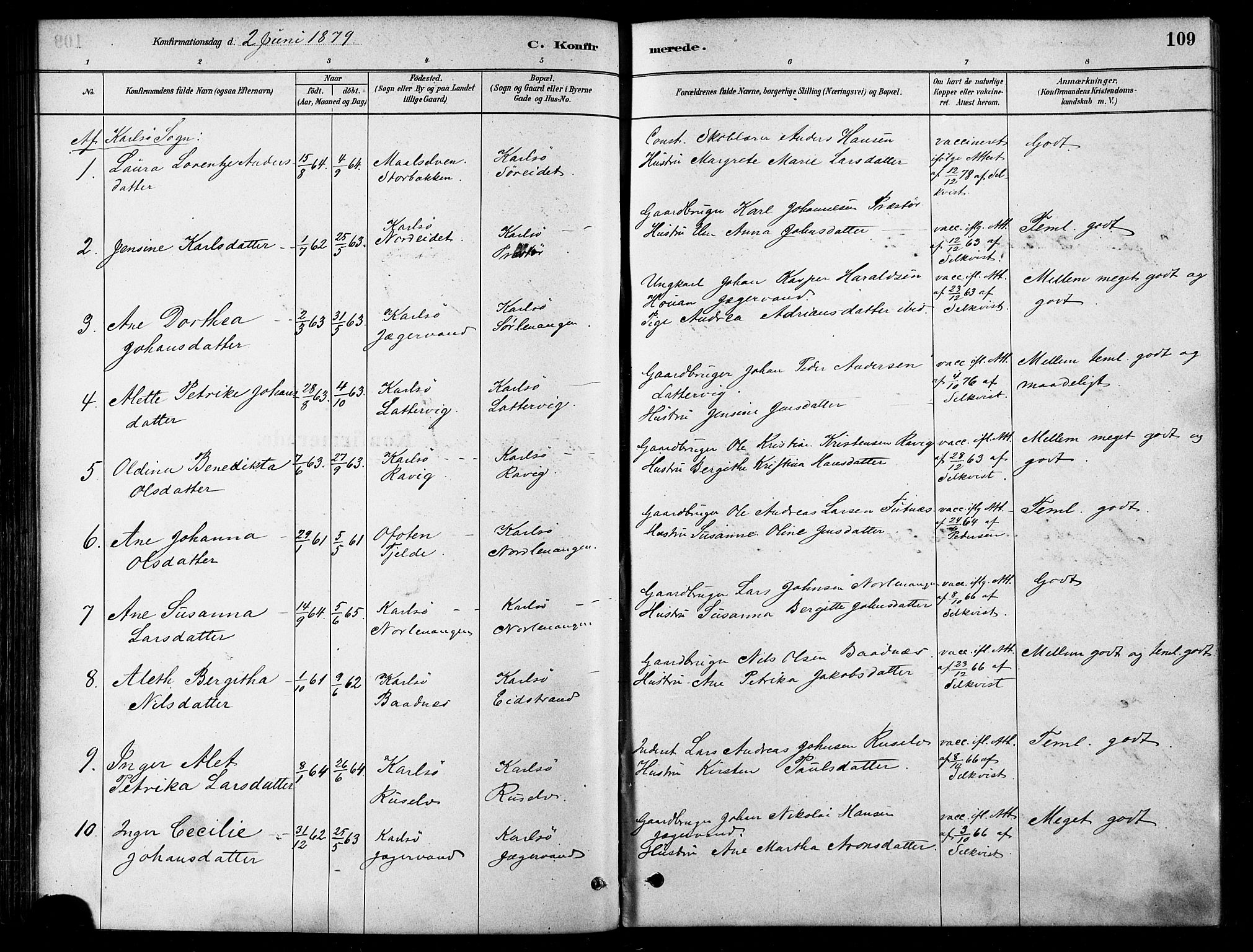 Karlsøy sokneprestembete, SATØ/S-1299/H/Ha/Haa/L0006kirke: Parish register (official) no. 6, 1879-1890, p. 109