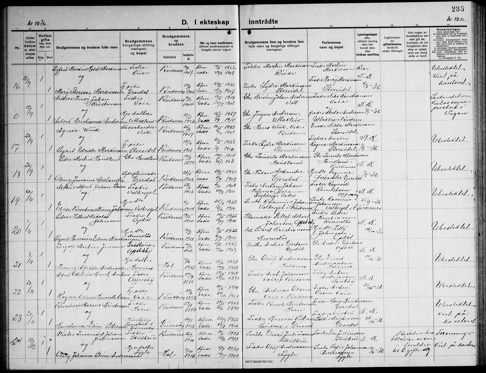 Ministerialprotokoller, klokkerbøker og fødselsregistre - Nordland, AV/SAT-A-1459/881/L1170: Parish register (copy) no. 881C07, 1930-1943, p. 235