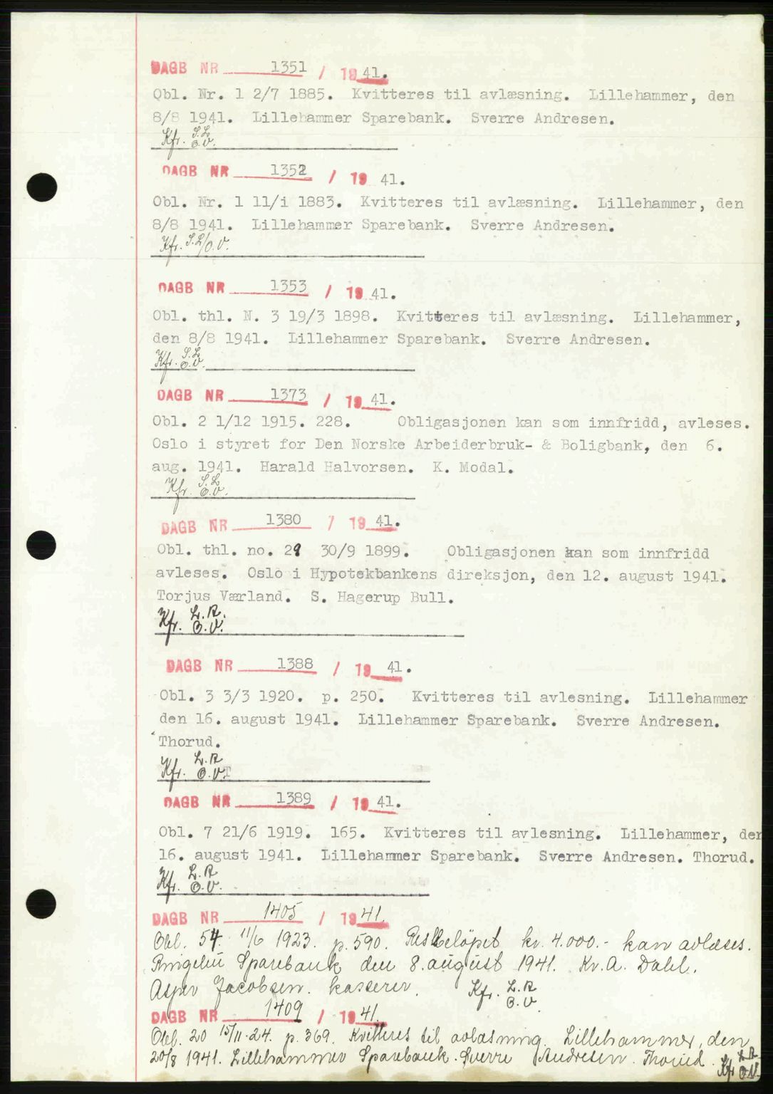 Sør-Gudbrandsdal tingrett, SAH/TING-004/H/Hb/Hbf/L0002: Mortgage book no. C1, 1938-1951, Diary no: : 1351/1941