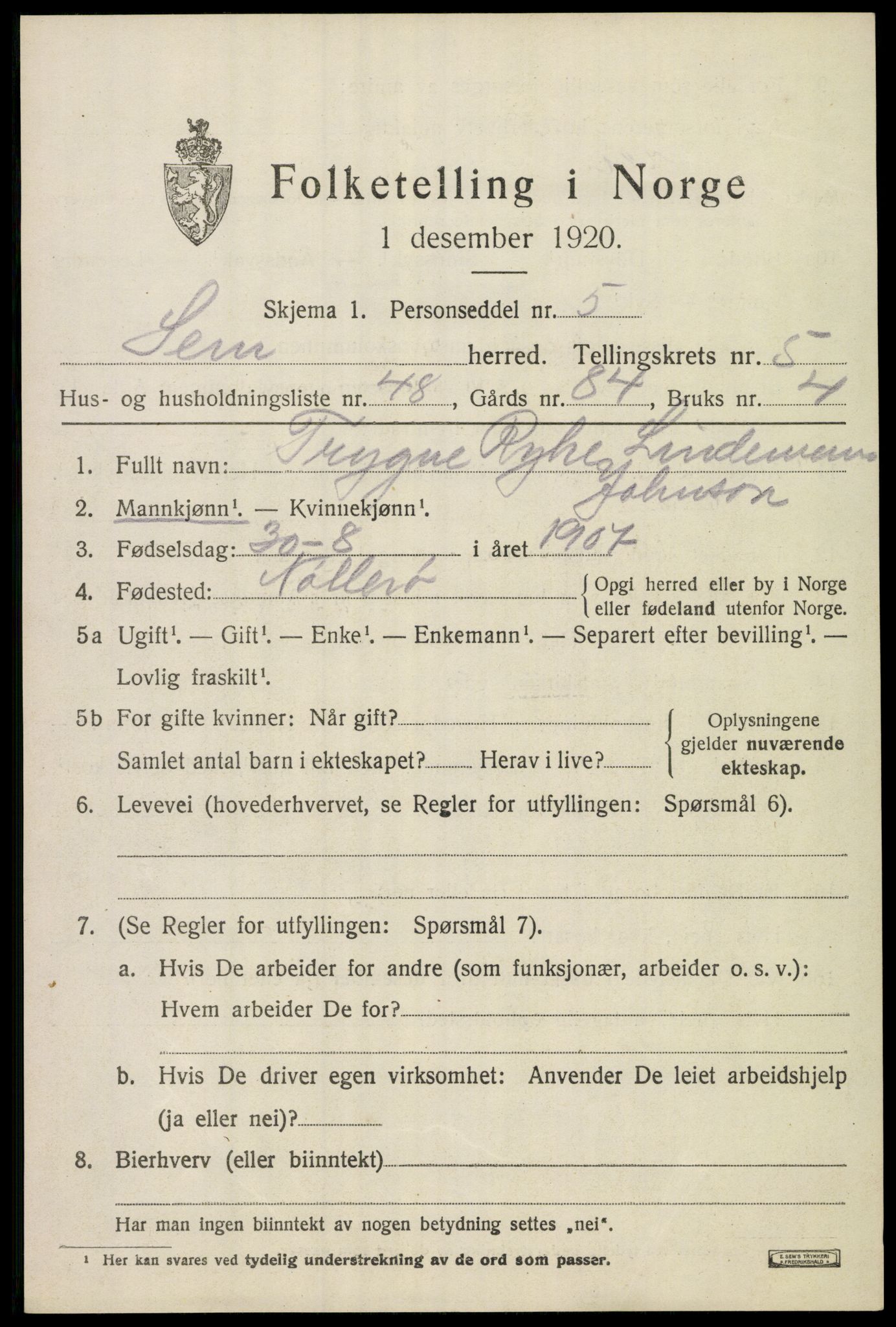 SAKO, 1920 census for Sem, 1920, p. 8343