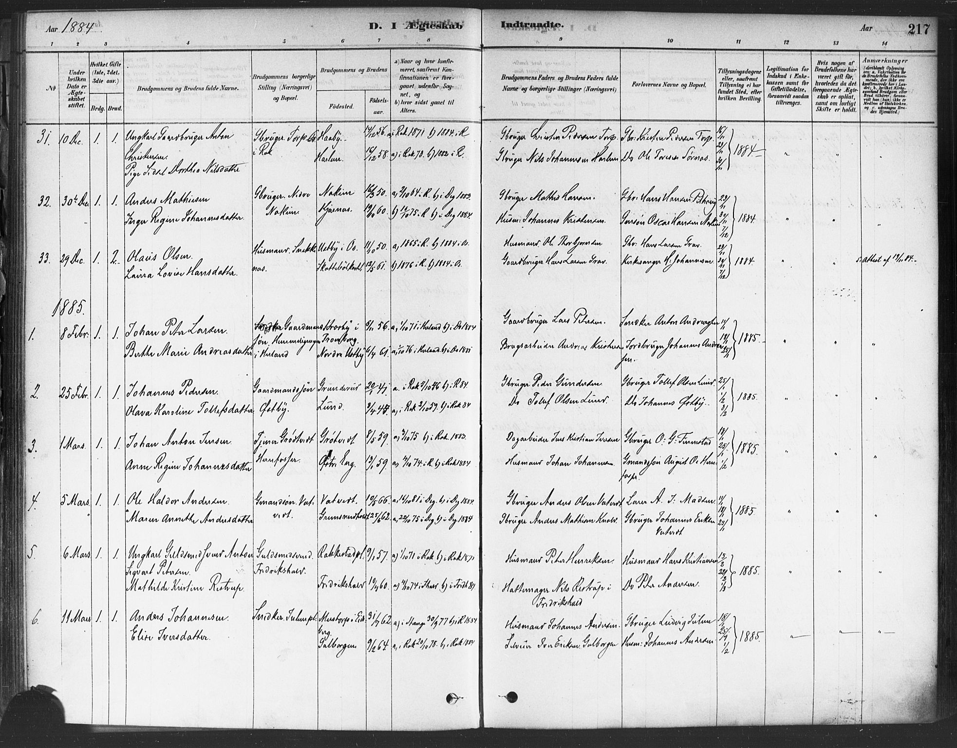 Rakkestad prestekontor Kirkebøker, SAO/A-2008/F/Fa/L0012: Parish register (official) no. I 12, 1878-1893, p. 217
