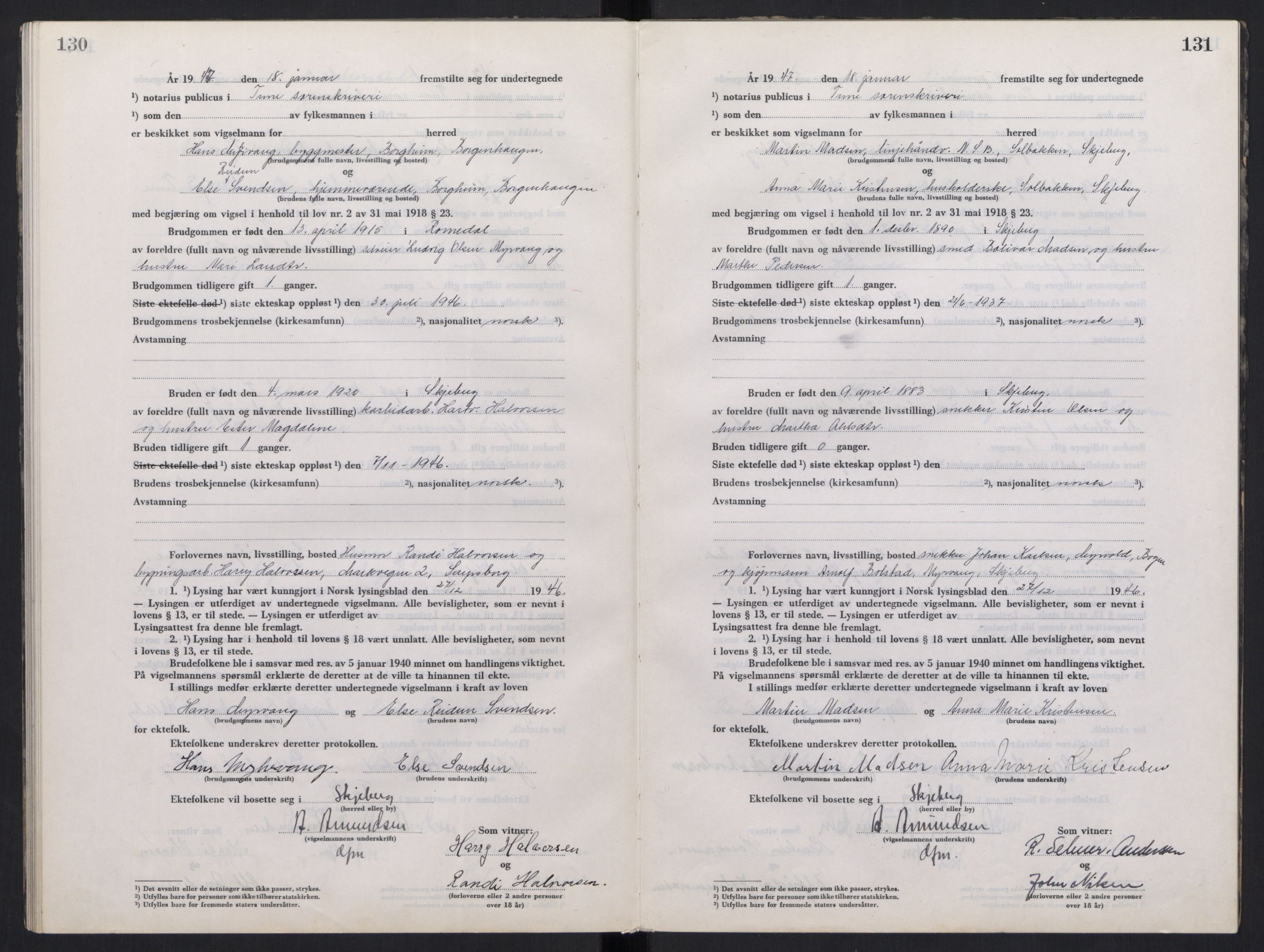 Tune sorenskriveri, AV/SAO-A-10470/L/Lb/L0003: Vigselprotokoll, 1944-1951, p. 130-131