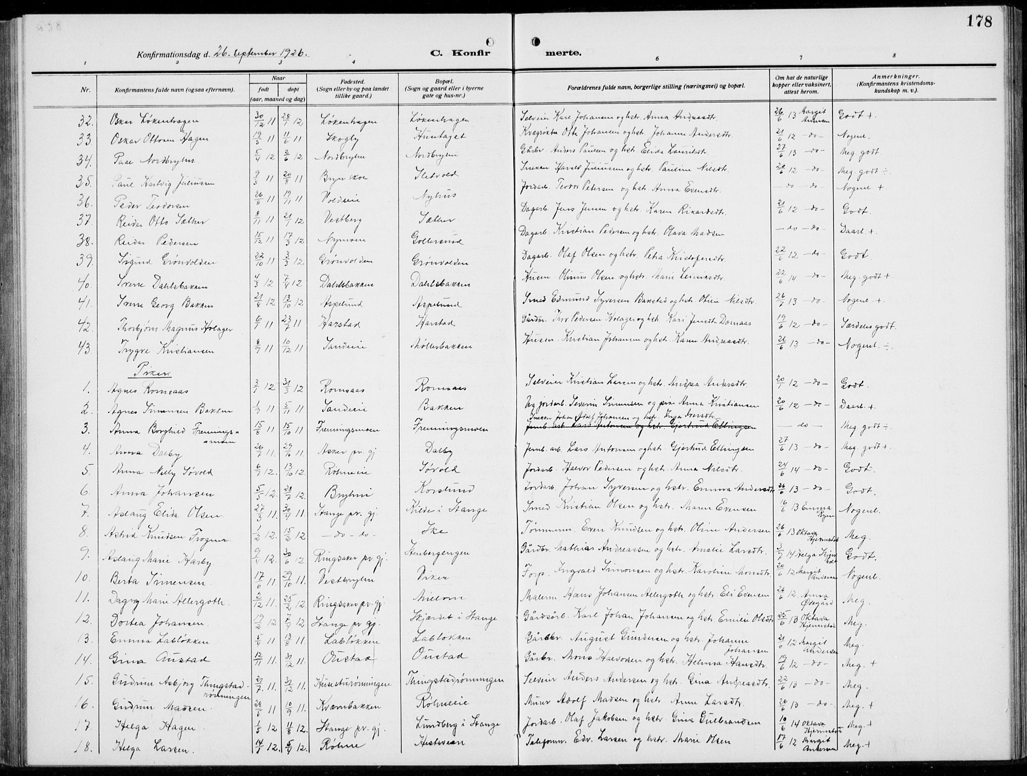 Romedal prestekontor, SAH/PREST-004/L/L0014: Parish register (copy) no. 14, 1915-1939, p. 178