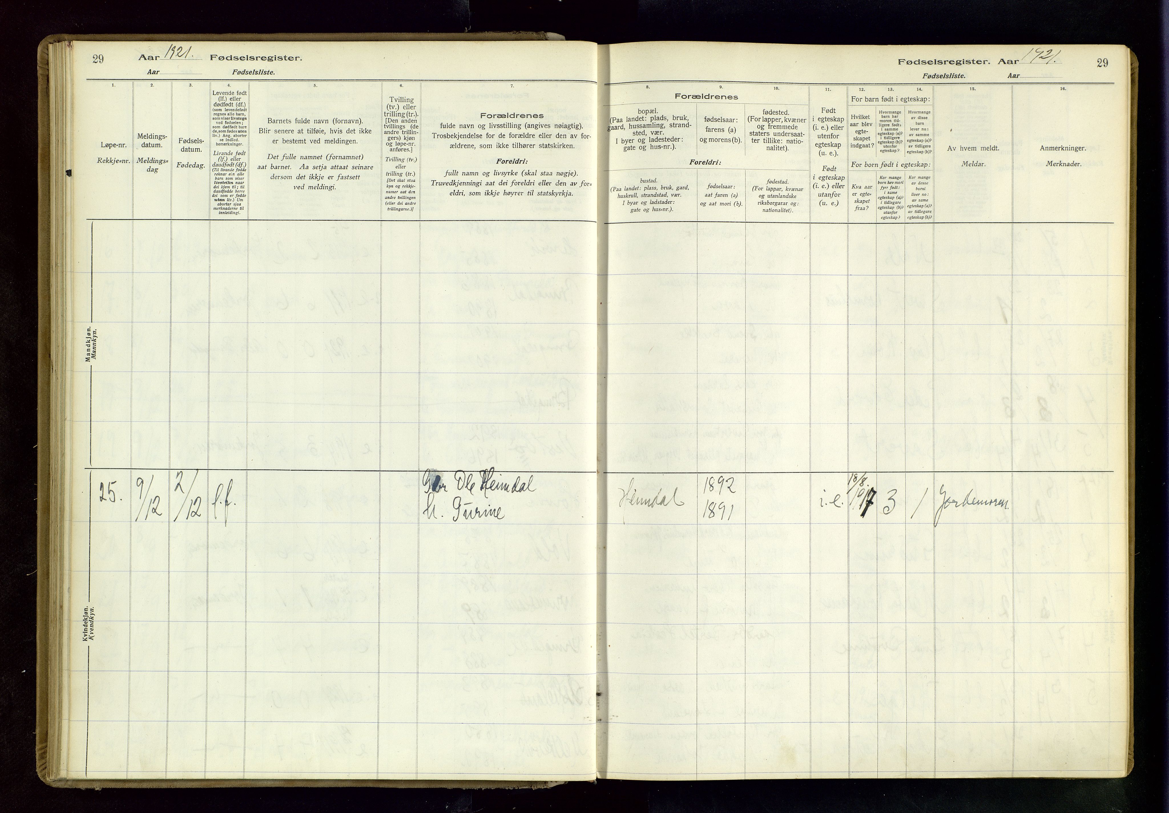 Tysvær sokneprestkontor, AV/SAST-A -101864/I/Id/L0001: Birth register no. 1, 1916-1954, p. 29