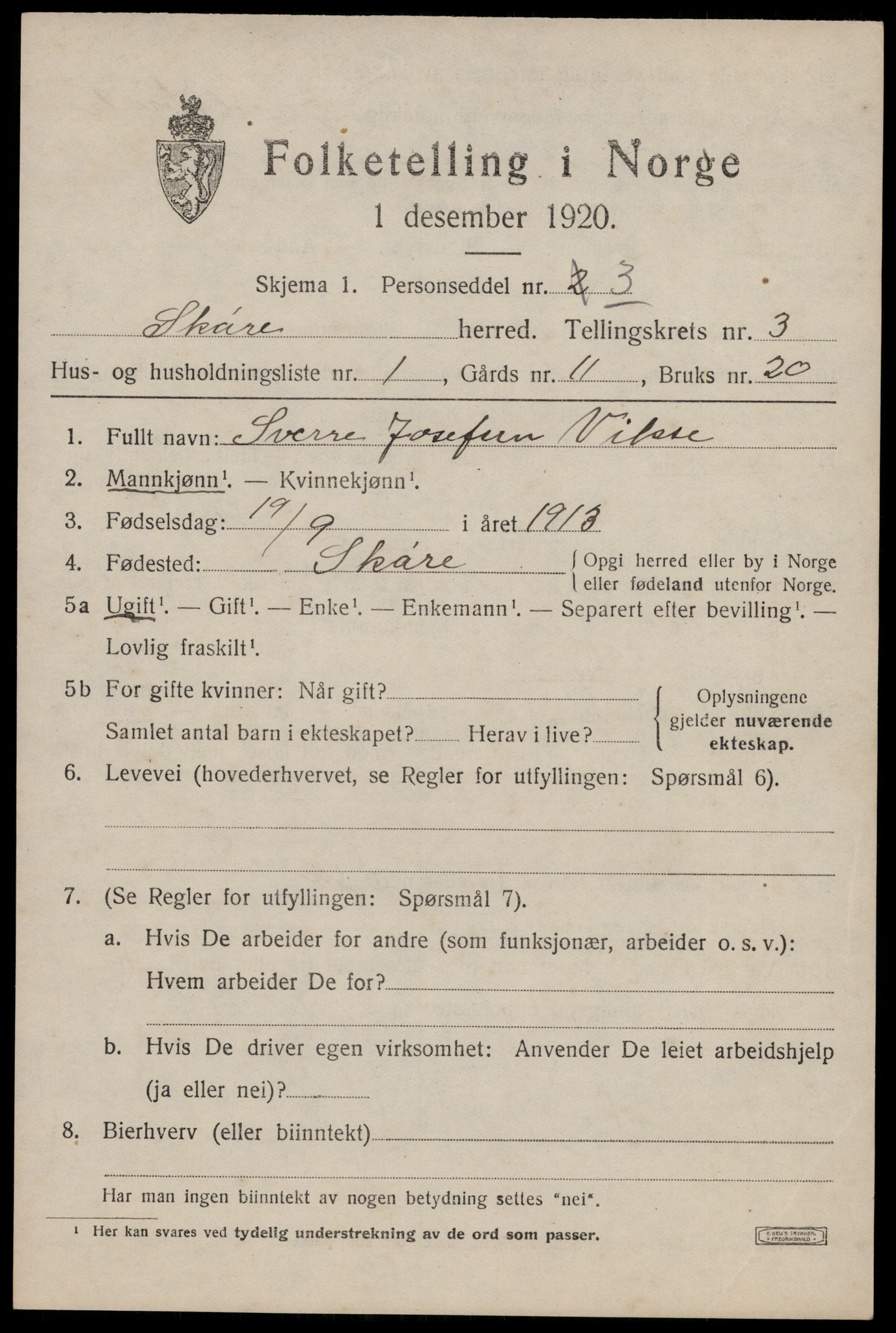 SAST, 1920 census for Skåre, 1920, p. 1628