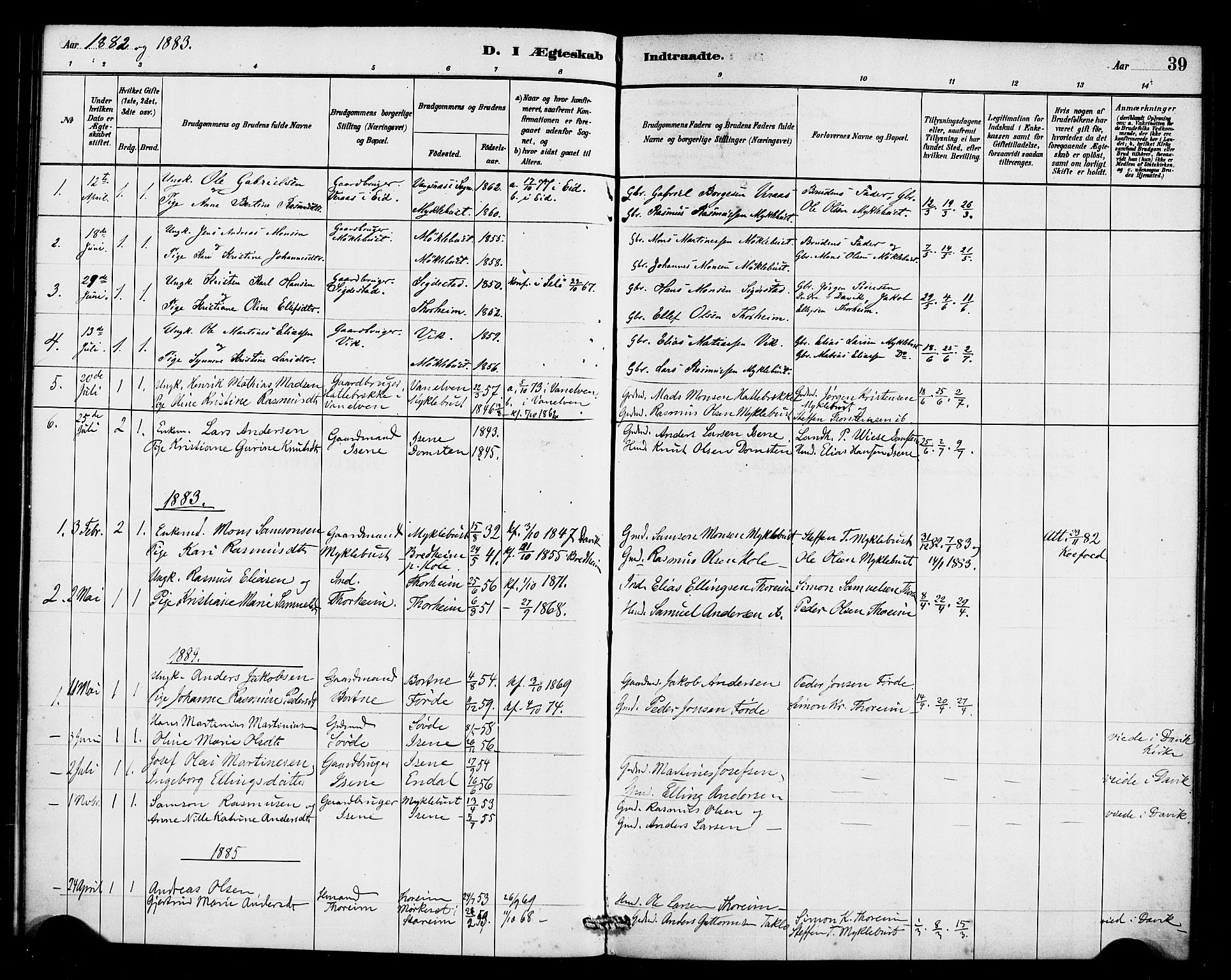 Davik sokneprestembete, SAB/A-79701/H/Haa/Haae/L0001: Parish register (official) no. E 1, 1882-1900, p. 39