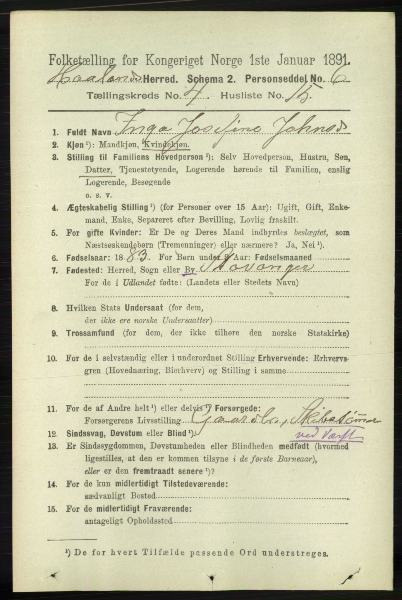 RA, 1891 census for 1124 Haaland, 1891, p. 2506