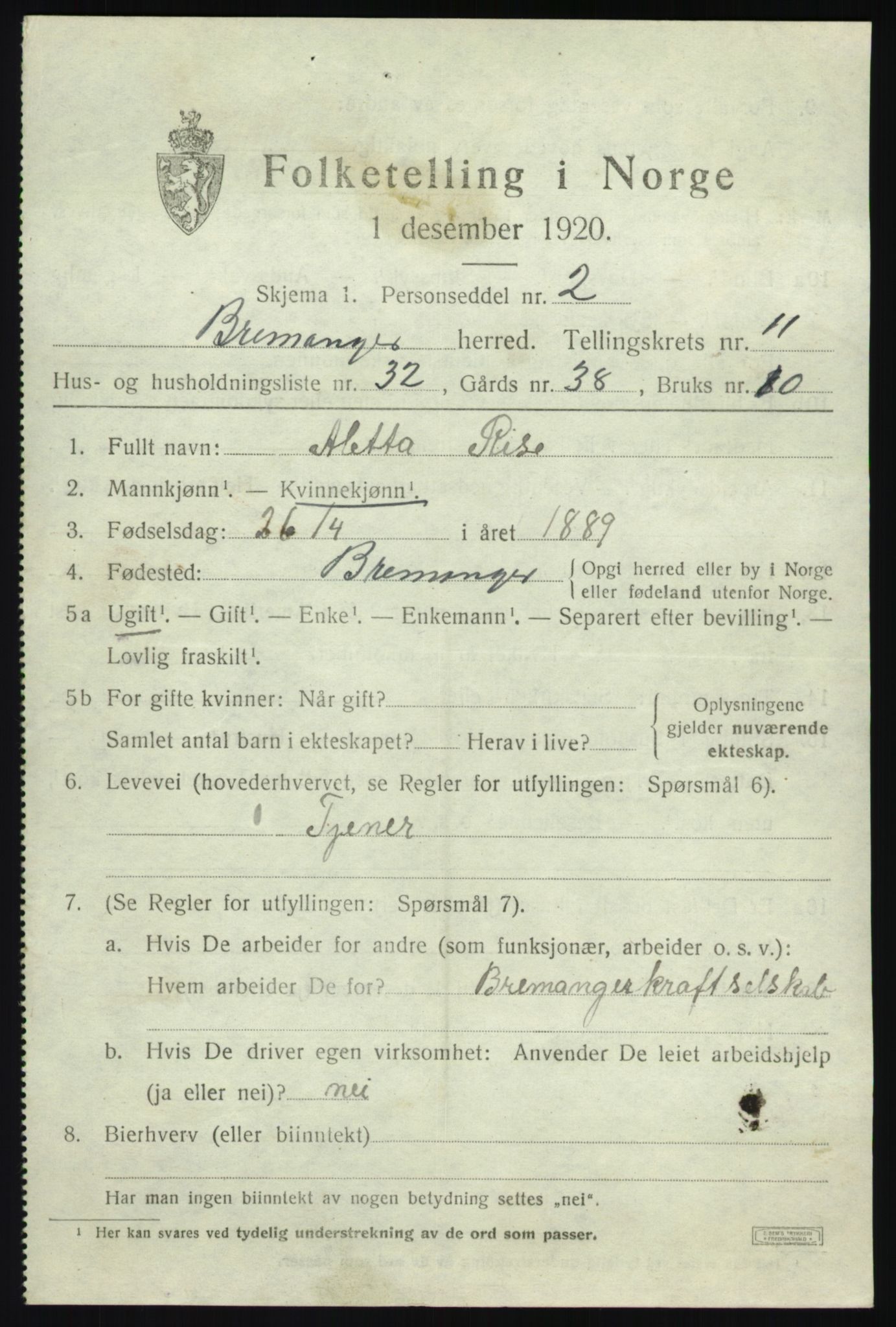 SAB, 1920 census for Bremanger, 1920, p. 6288