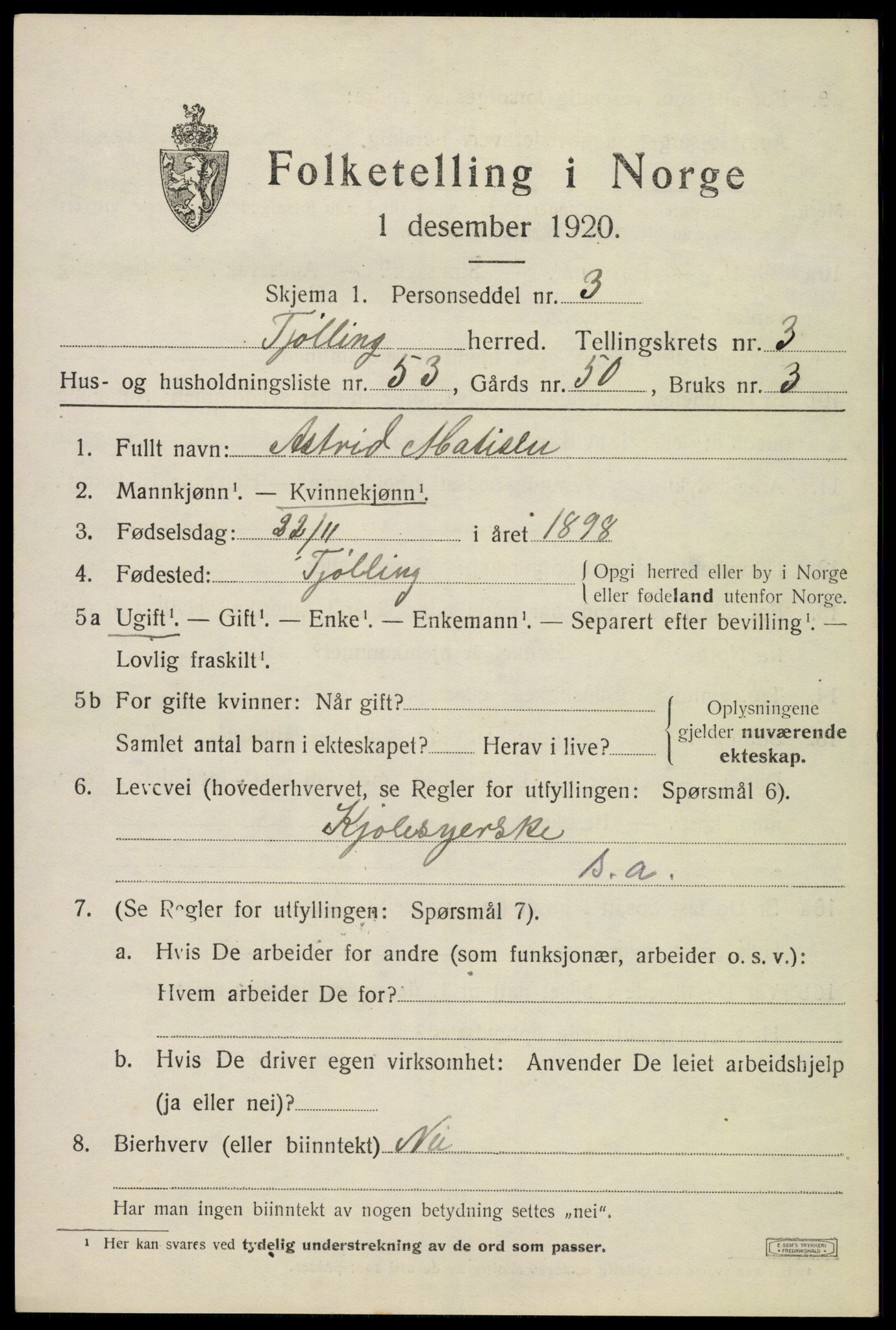 SAKO, 1920 census for Tjølling, 1920, p. 7497