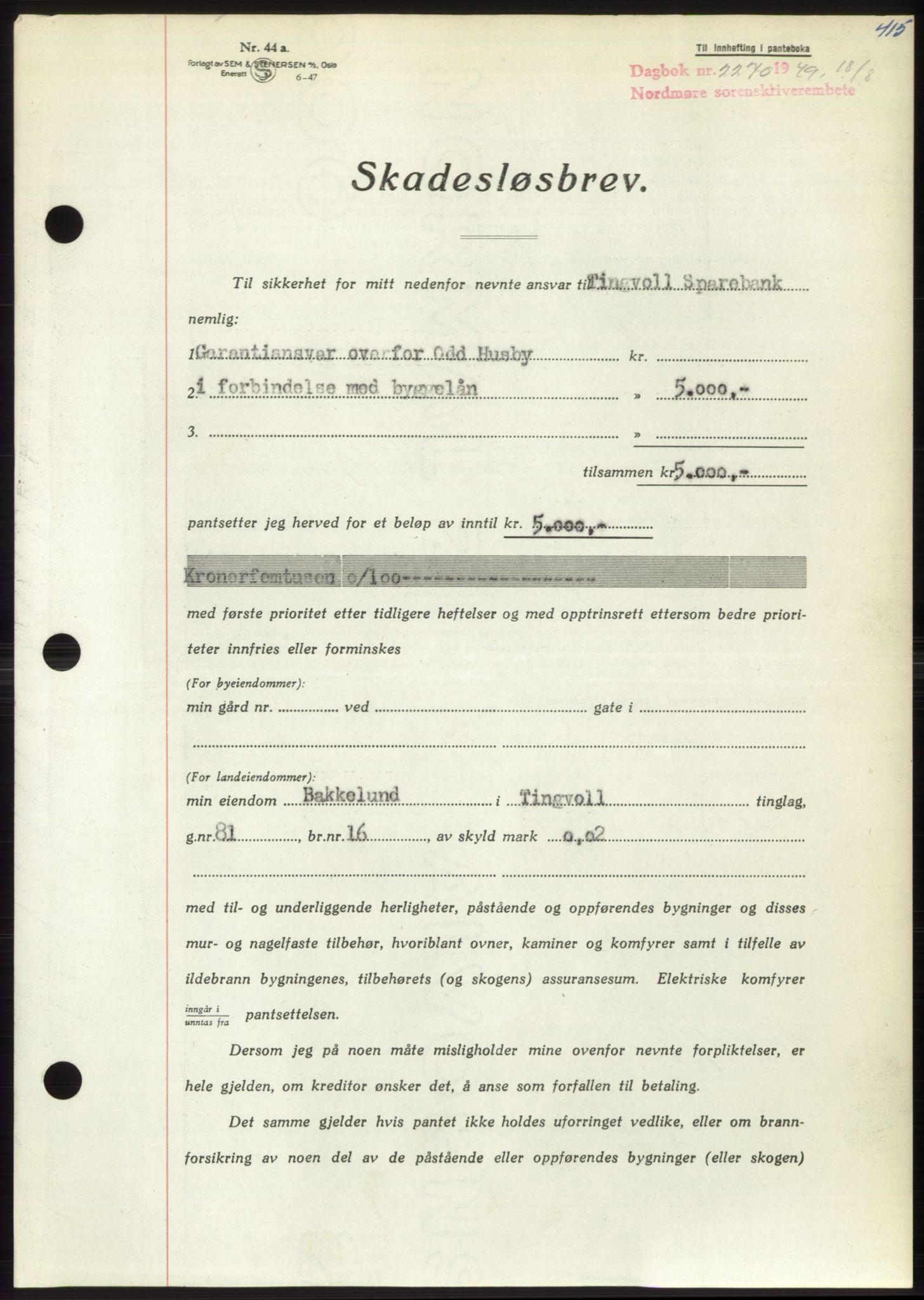 Nordmøre sorenskriveri, AV/SAT-A-4132/1/2/2Ca: Mortgage book no. B102, 1949-1949, Diary no: : 2270/1949