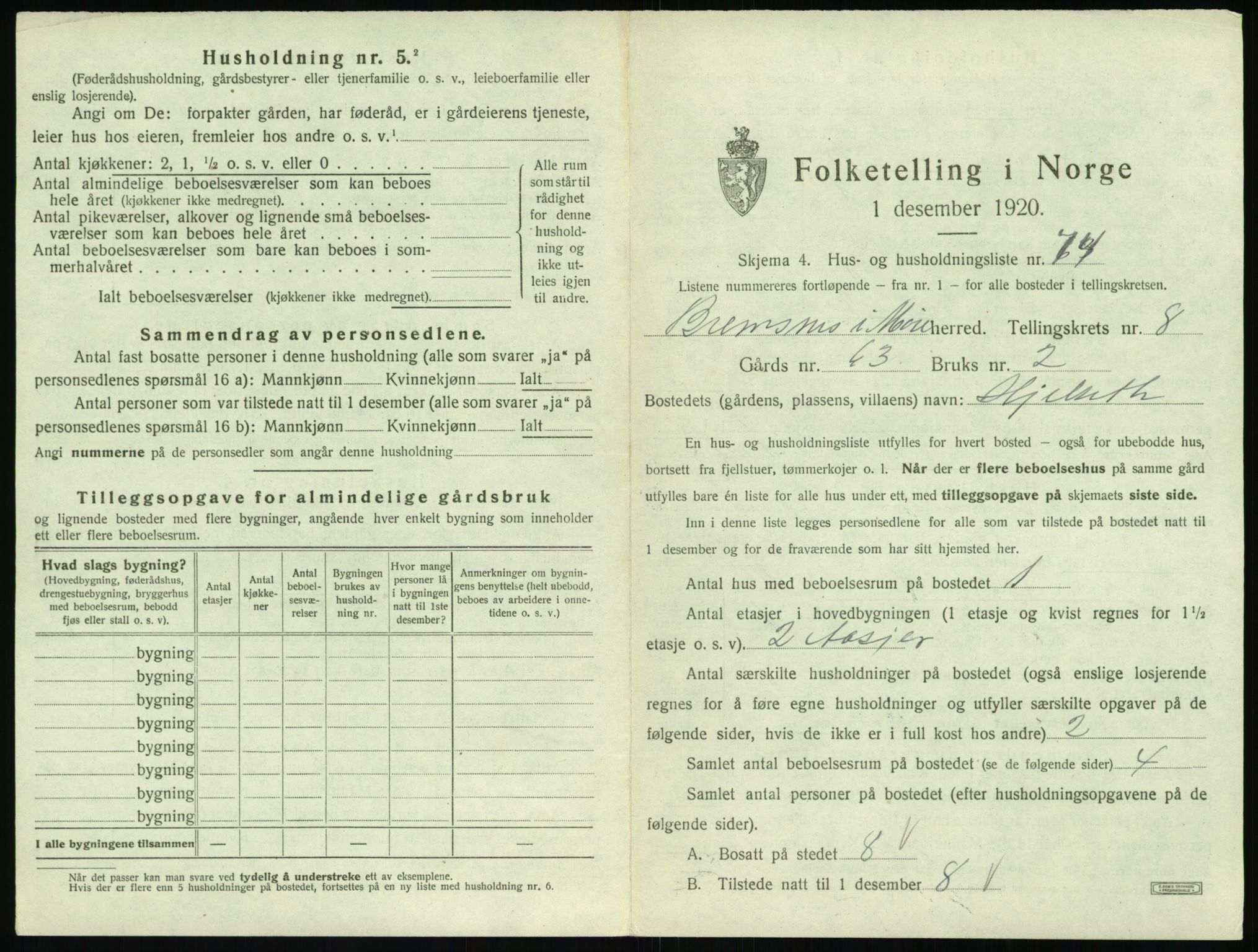 SAT, 1920 census for Bremsnes, 1920, p. 1067