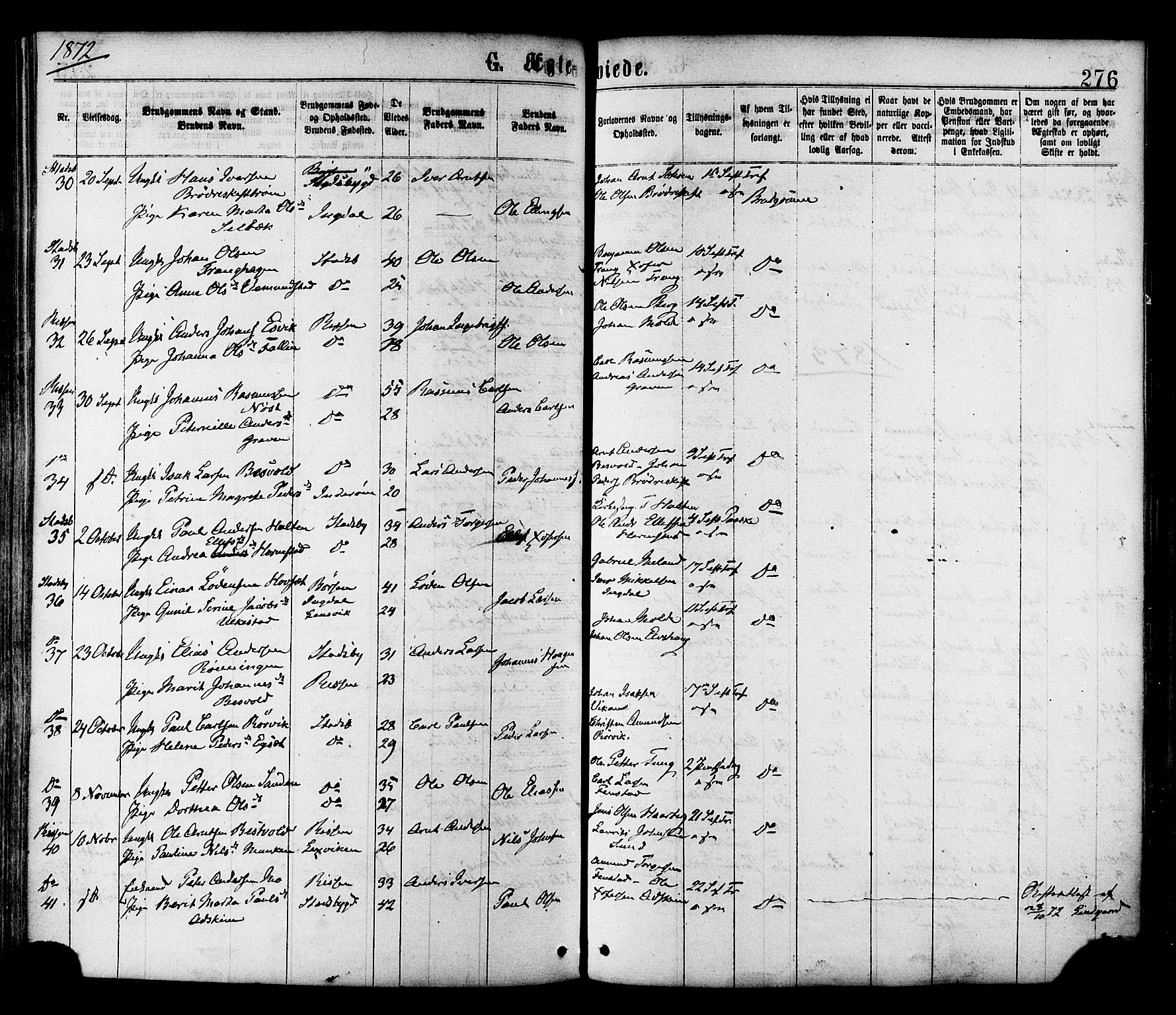 Ministerialprotokoller, klokkerbøker og fødselsregistre - Sør-Trøndelag, SAT/A-1456/646/L0613: Parish register (official) no. 646A11, 1870-1884, p. 276