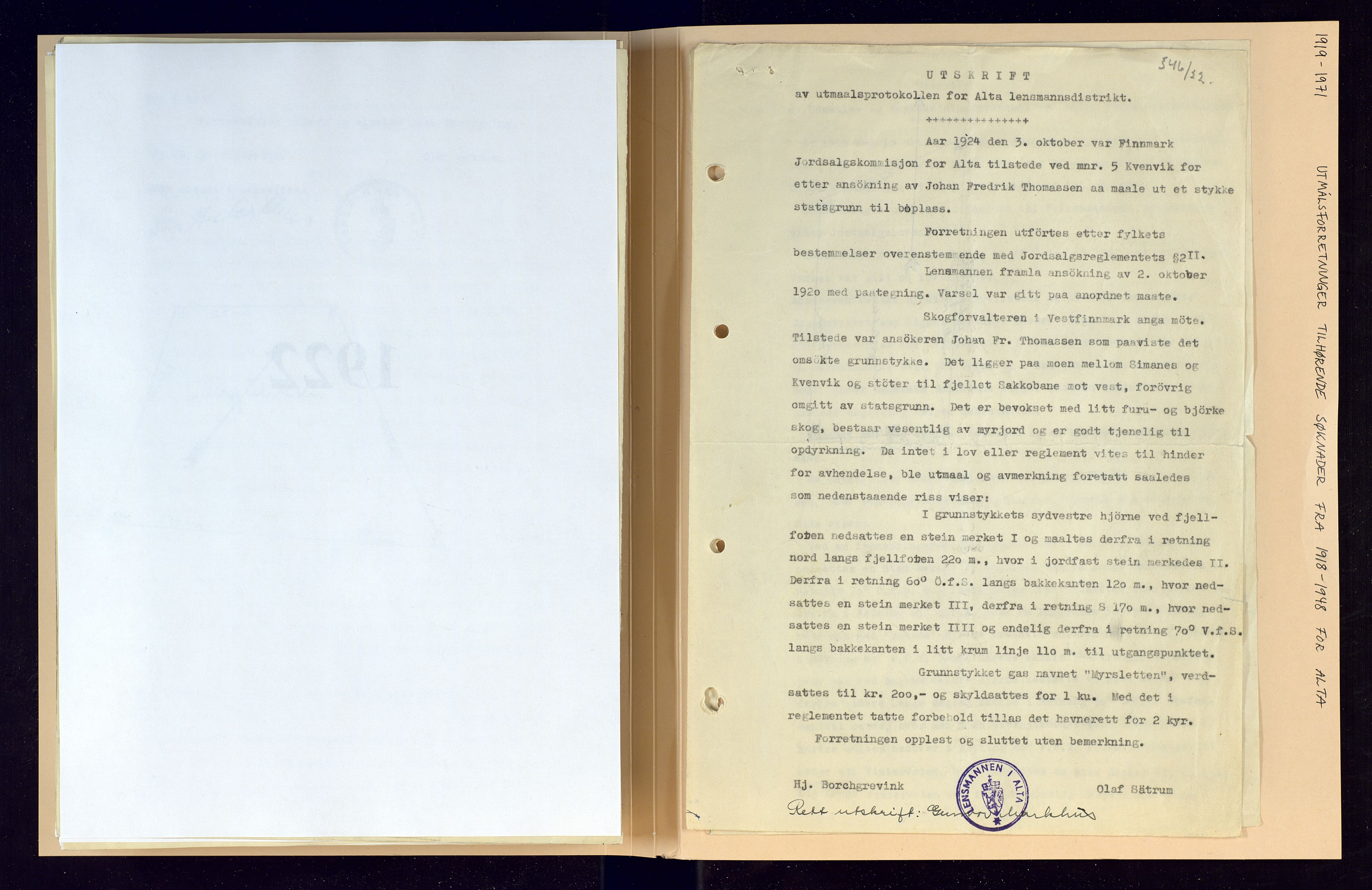 Finnmark jordsalgskommisjon/jordsalgskontor og Statskog SF Finnmark jordsalgskontor, AV/SATØ-S-1443/O/Oa/L0003: Utmålsforretninger i Alta, 1919-1981, p. 157