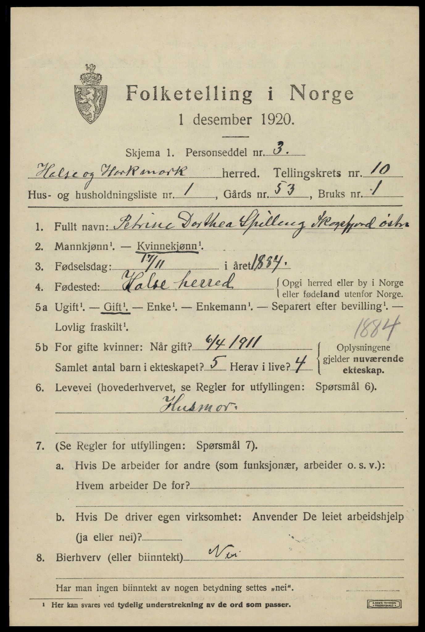 SAK, 1920 census for Halse og Harkmark, 1920, p. 5613