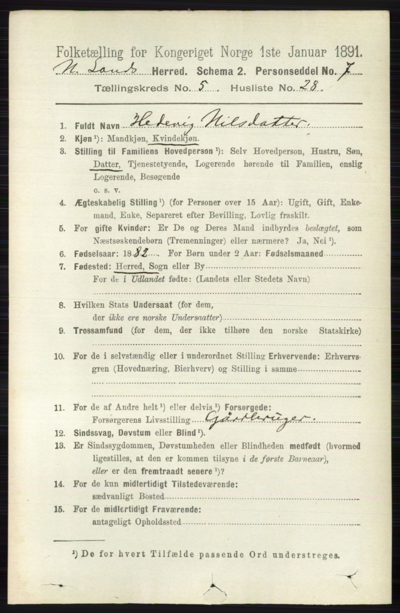 RA, 1891 census for 0538 Nordre Land, 1891, p. 1713