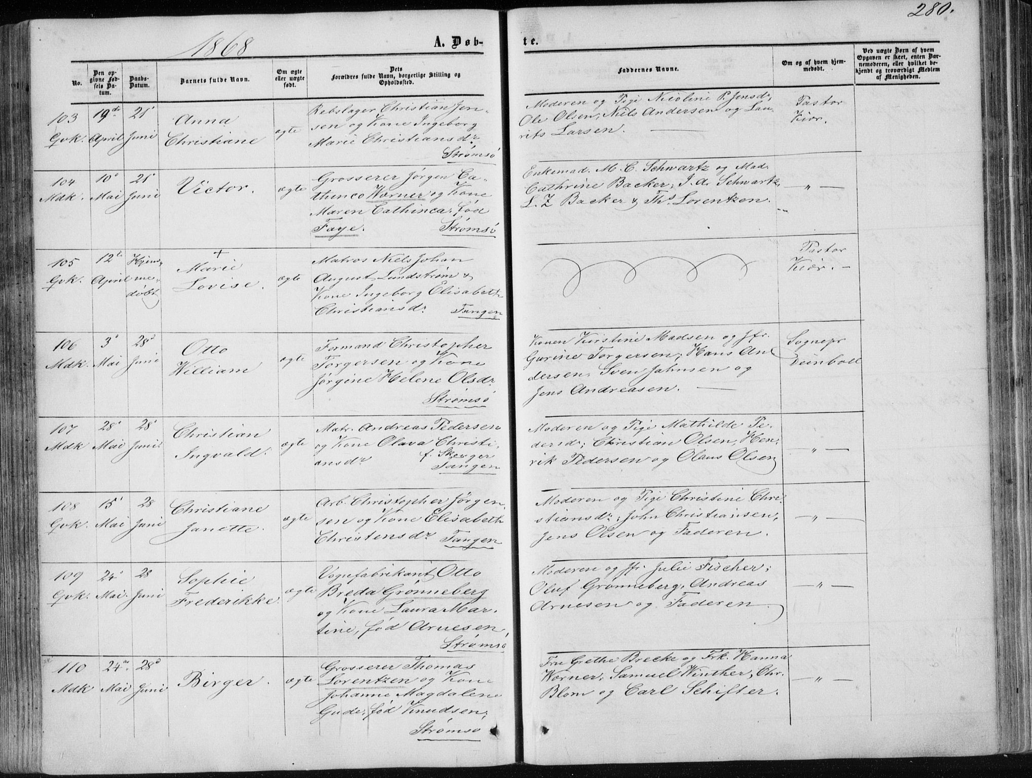 Strømsø kirkebøker, SAKO/A-246/F/Fa/L0015: Parish register (official) no. I 15, 1859-1868, p. 280
