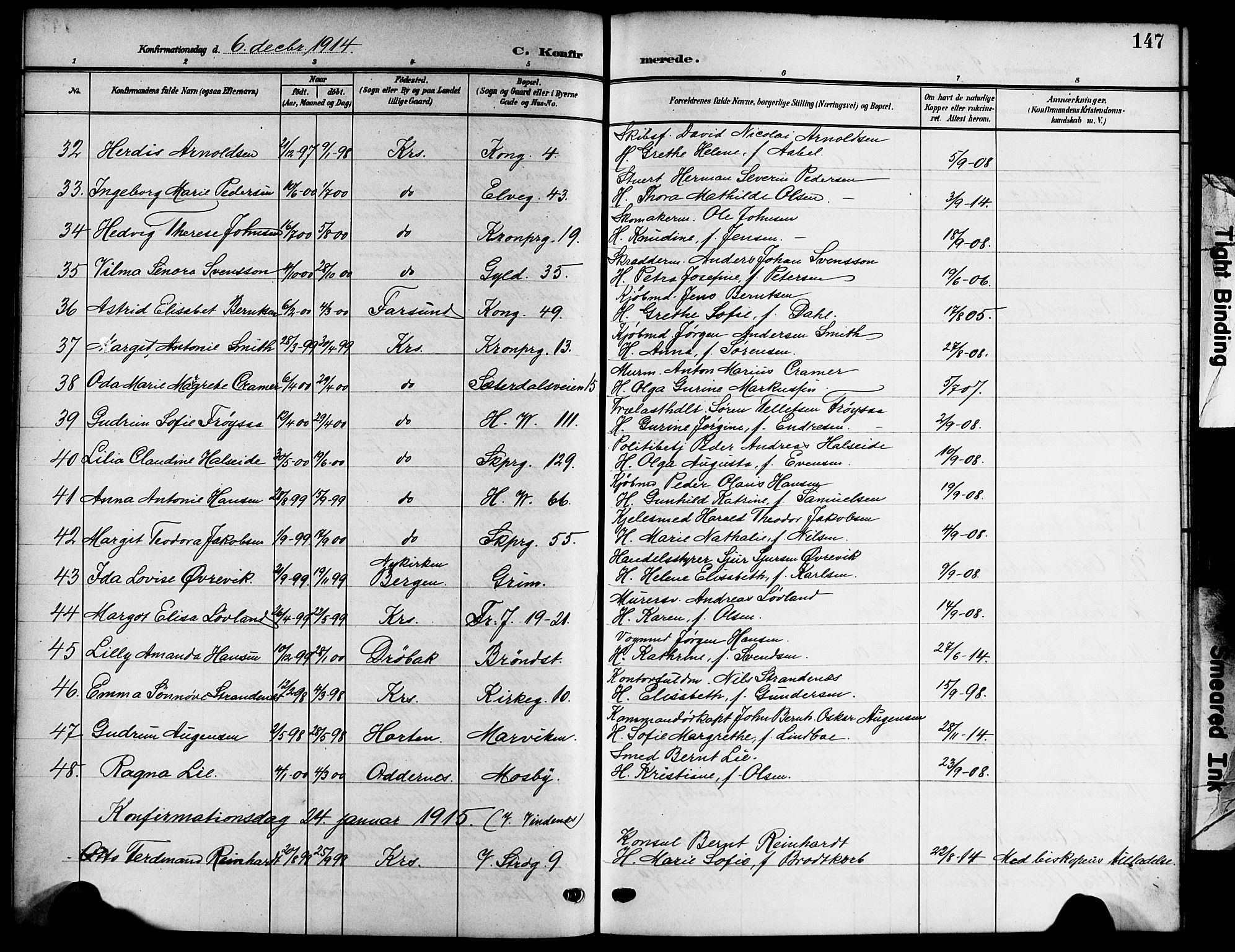 Kristiansand domprosti, AV/SAK-1112-0006/F/Fb/L0020: Parish register (copy) no. B 20, 1906-1915, p. 147