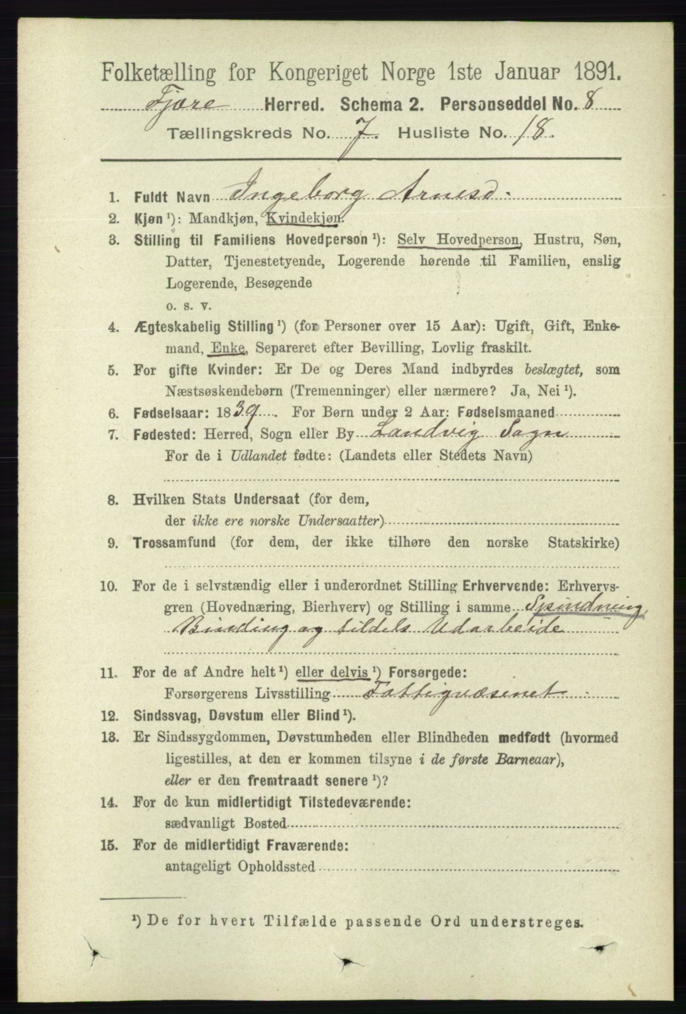 RA, 1891 census for 0923 Fjære, 1891, p. 3325