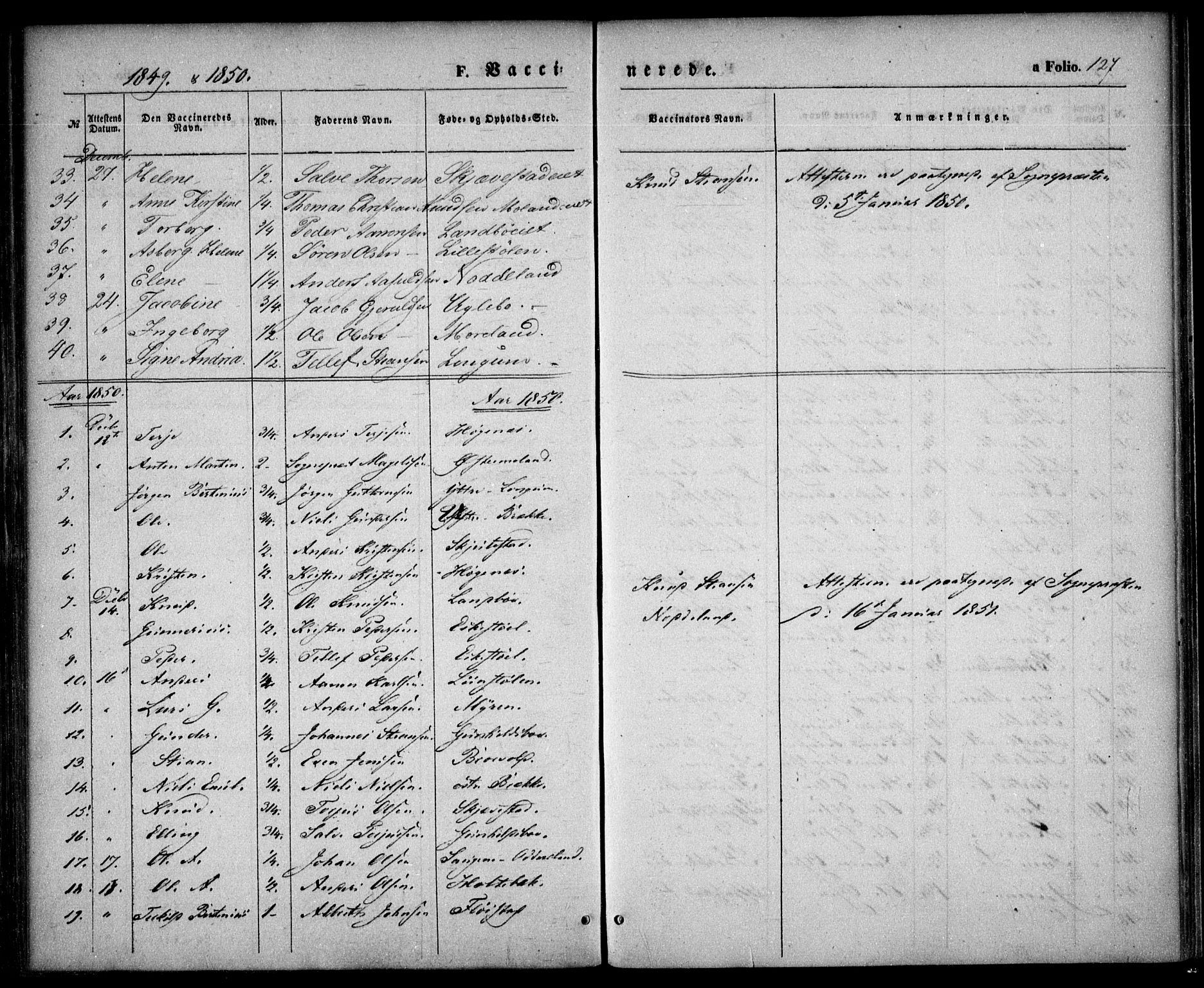 Austre Moland sokneprestkontor, SAK/1111-0001/F/Fa/Faa/L0007: Parish register (official) no. A 7, 1847-1857, p. 127