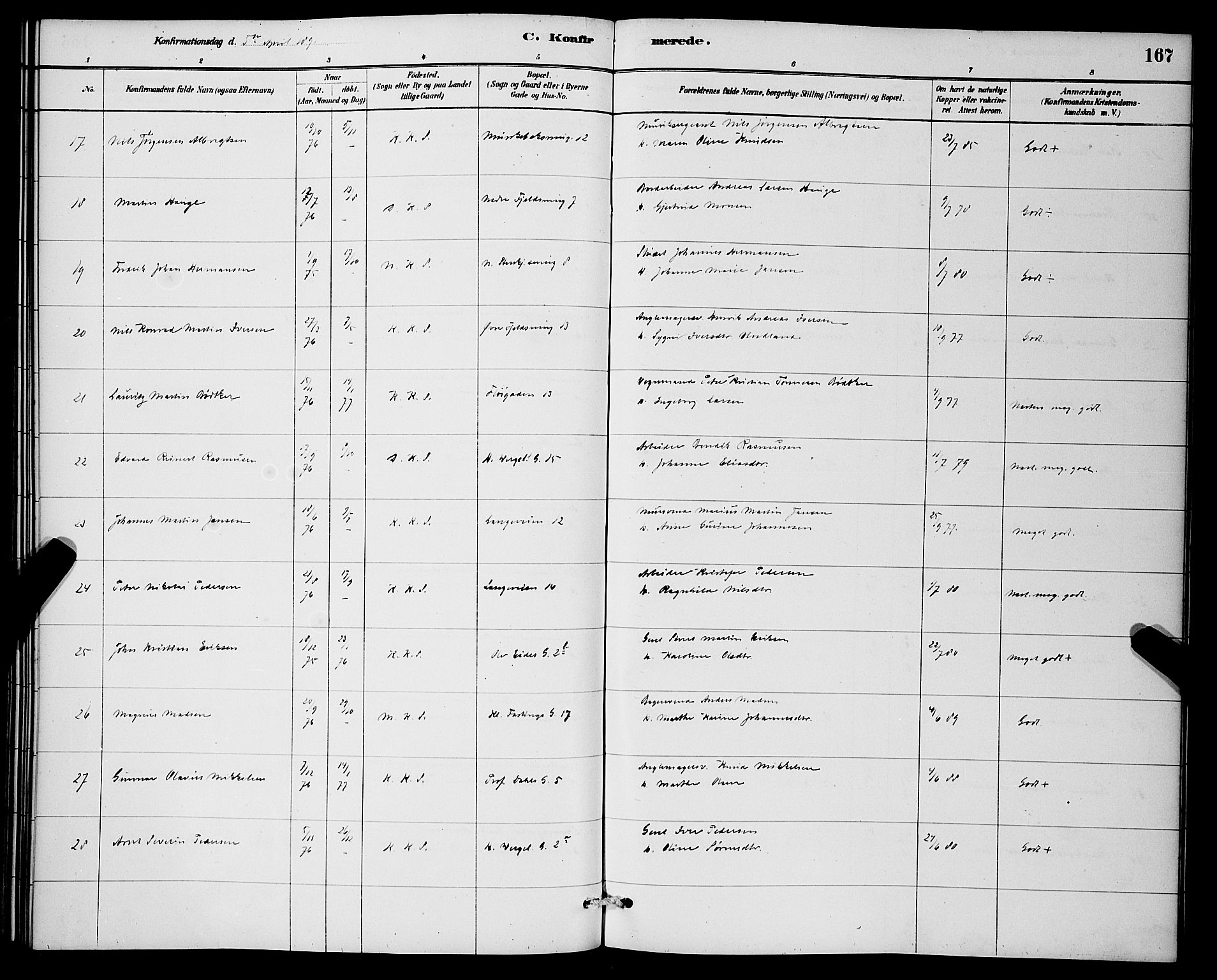 Korskirken sokneprestembete, AV/SAB-A-76101/H/Hab: Parish register (copy) no. C 3, 1880-1892, p. 167