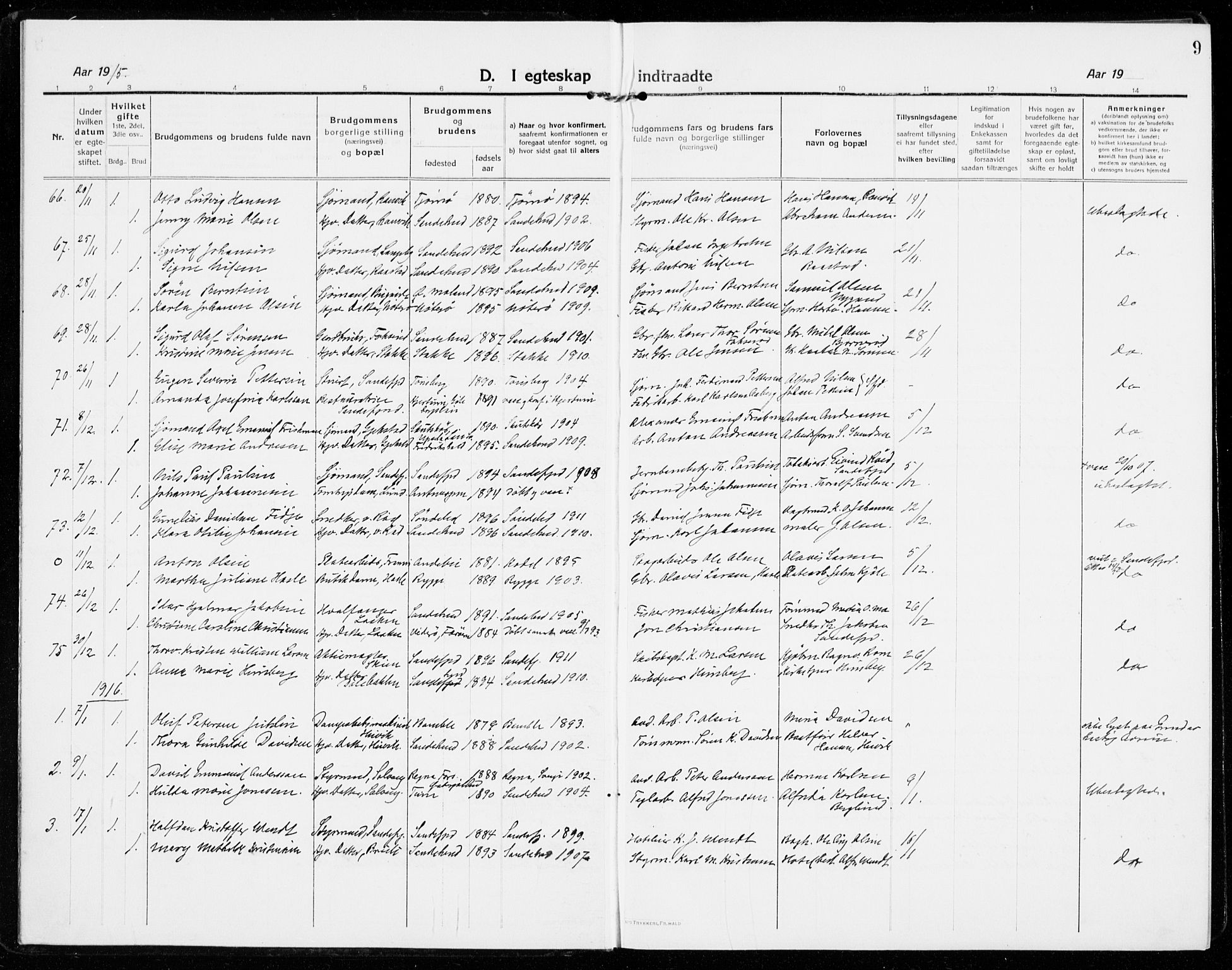 Sandar kirkebøker, SAKO/A-243/F/Fa/L0020: Parish register (official) no. 20, 1915-1919, p. 9