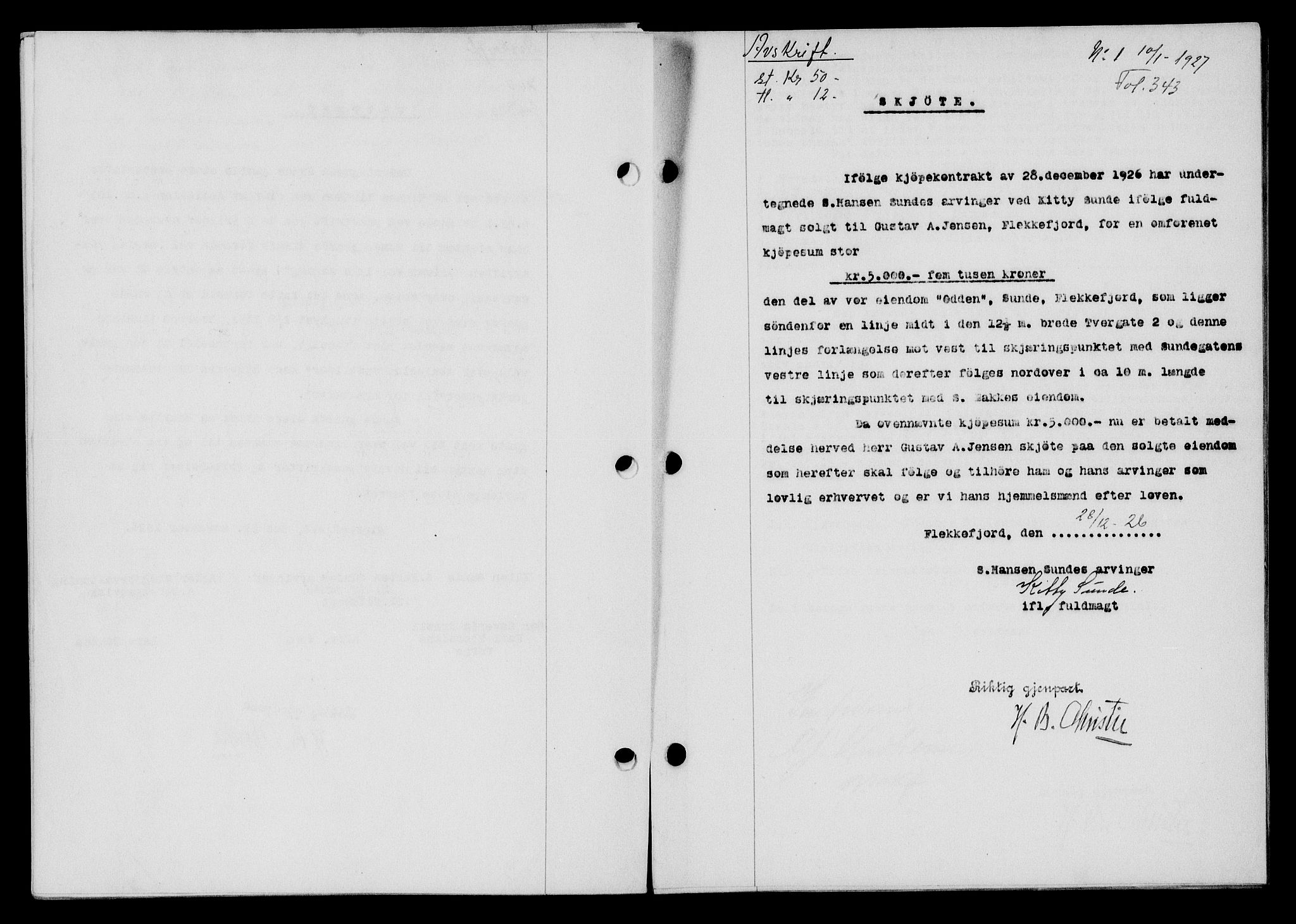 Flekkefjord sorenskriveri, SAK/1221-0001/G/Gb/Gba/L0043: Mortgage book no. 41, 1926-1927, Deed date: 10.01.1927